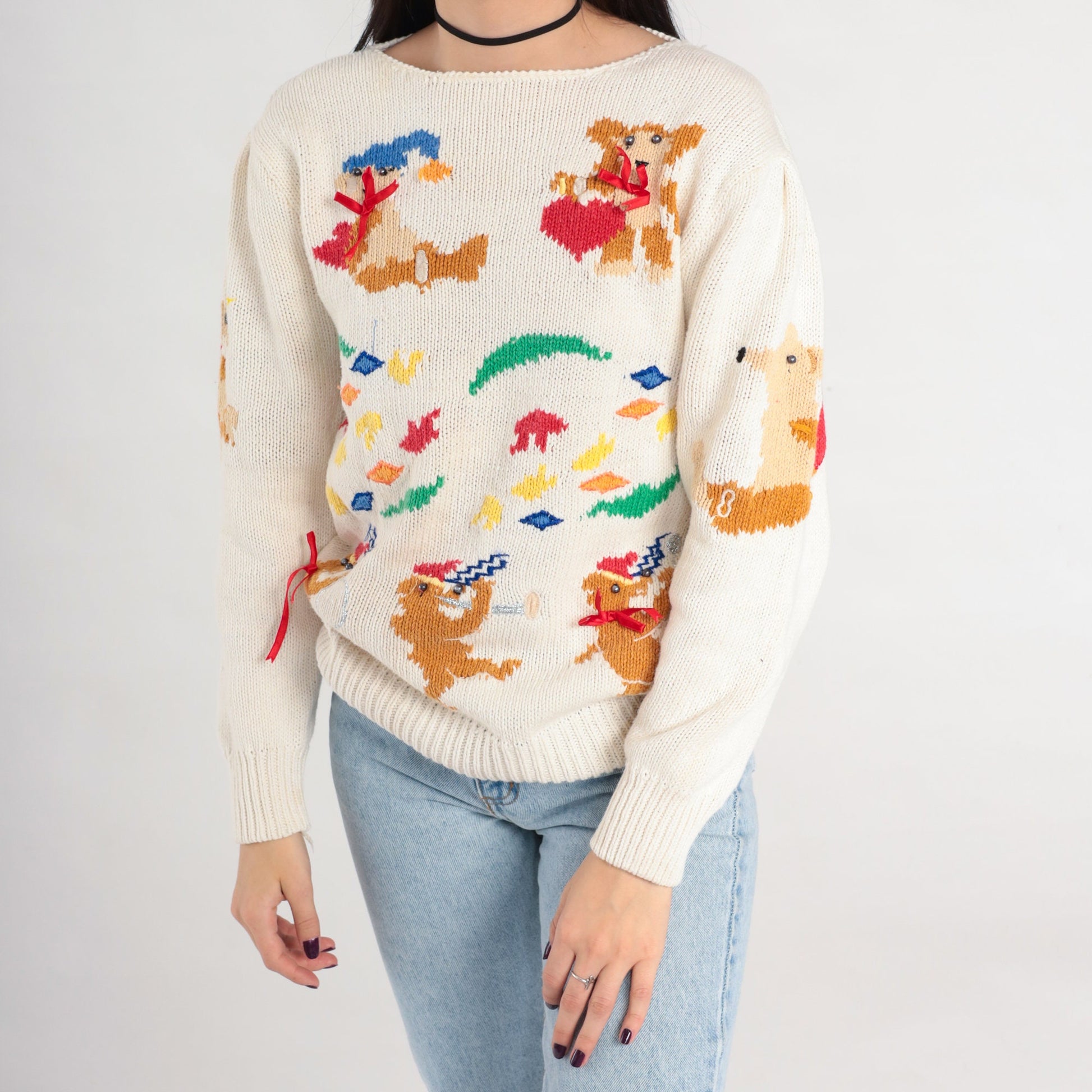 80s Animal Marching Band Sweater Teddy Bear Possum Dog Knit Medium