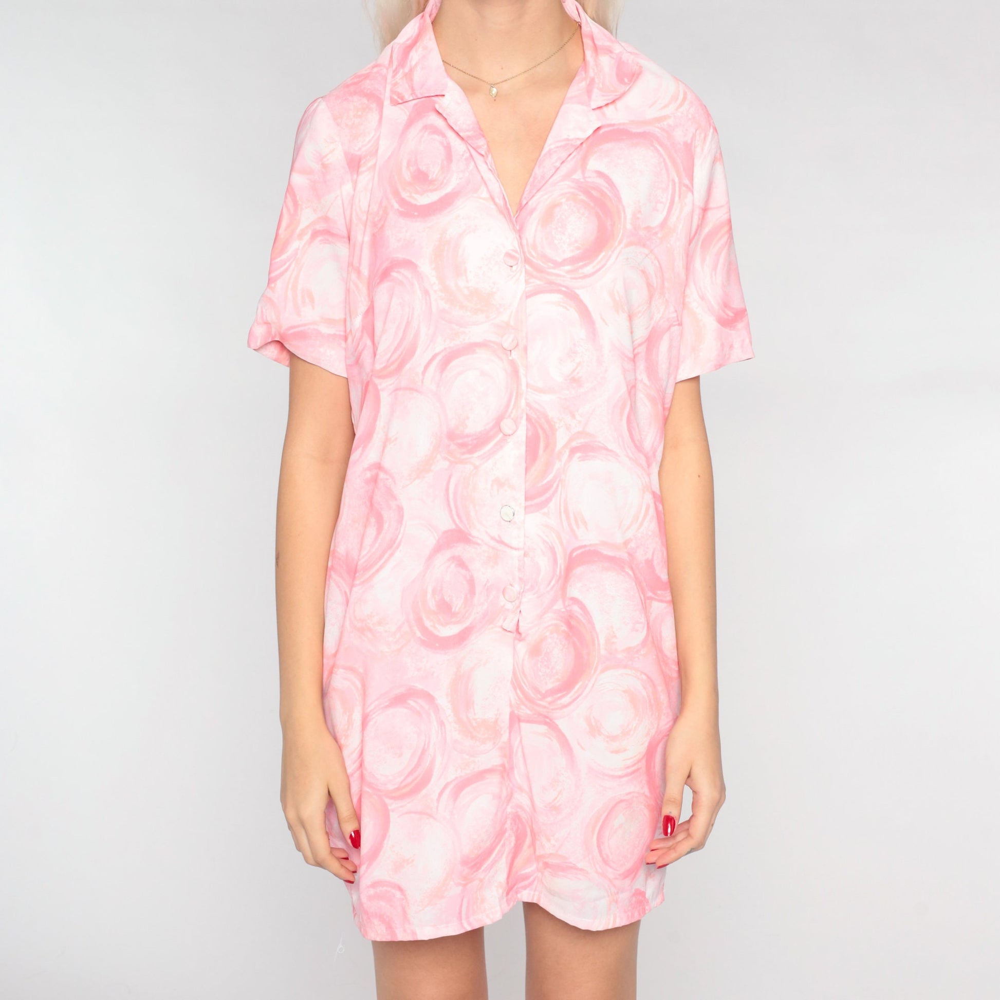 60s Pink Abstract Brushstroke Shift Dress Button-Up Mini Short Sleeve Medium