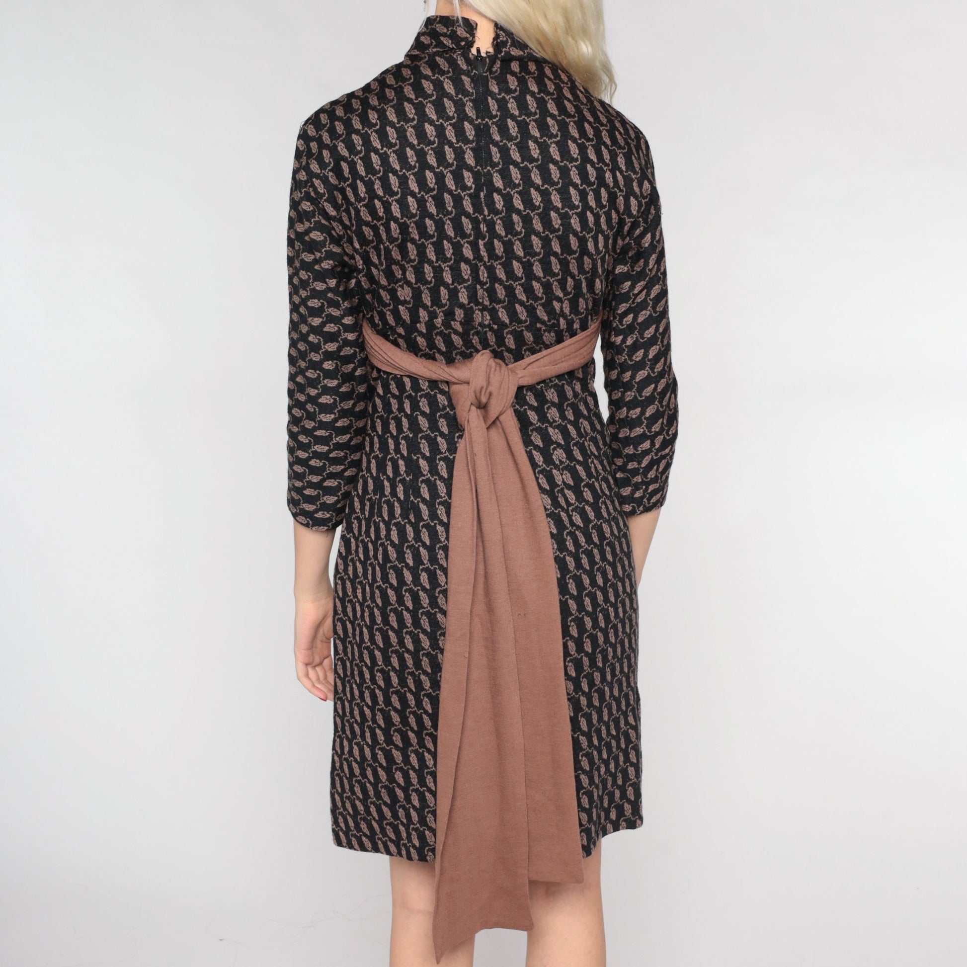 60s Wool Leaf Print Mini Shift Dress Empire Waist Mod Black Brown Extra Small XS