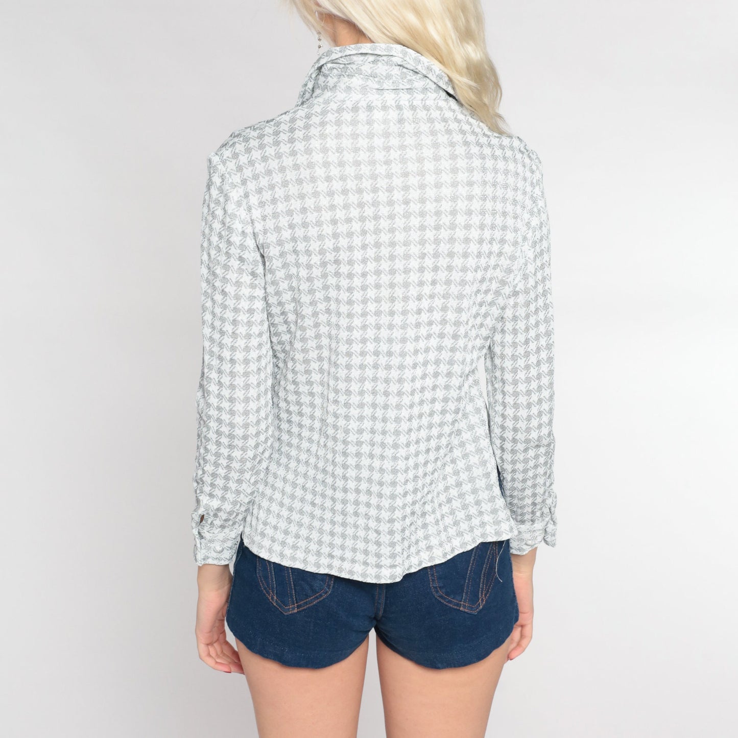 70s Silver Checkered Metallic Button-Up Blouse Pointed Collar Long Sleeve Small