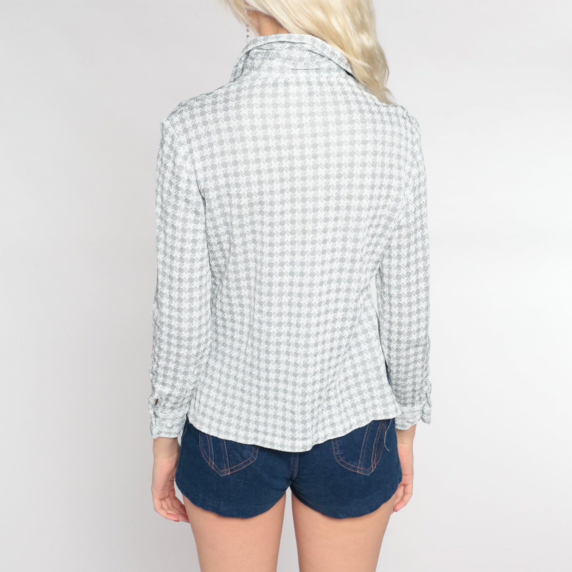 70s Silver Checkered Metallic Button-Up Blouse Pointed Collar Long Sleeve Small