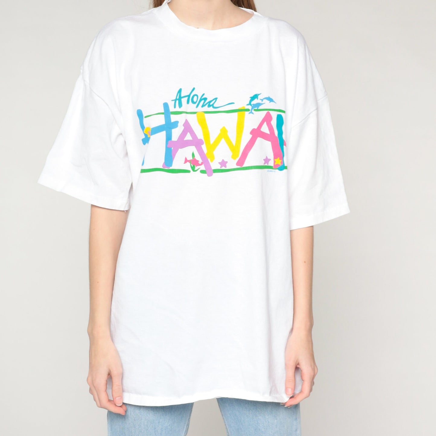 90s Hawaii Aloha Graphic T-Shirt Dolphins Tropical Fish Stars White XL