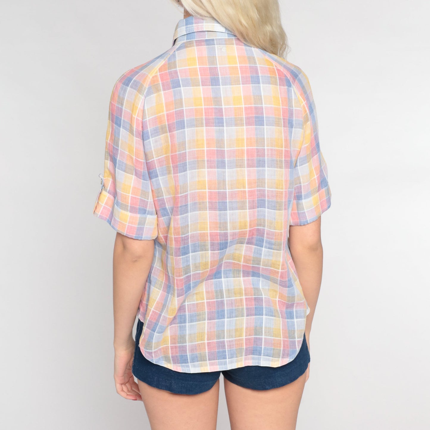 70s Checkered Button-Up Blouse Dagger Collar Short Sleeve Pink Yellow Blue Small