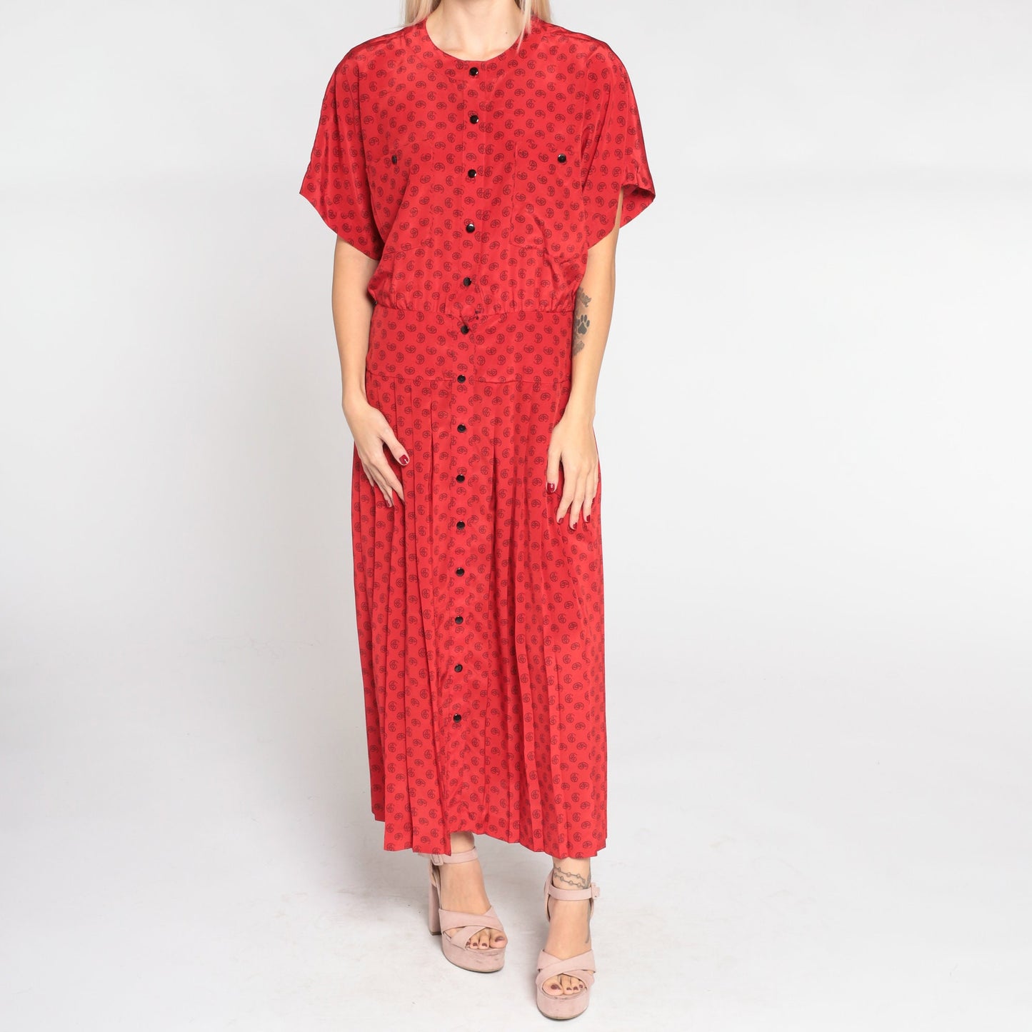 90s Liz Claiborne Red Paisley Dot Midi Shirt Dress Pleated Button-Up Medium 8
