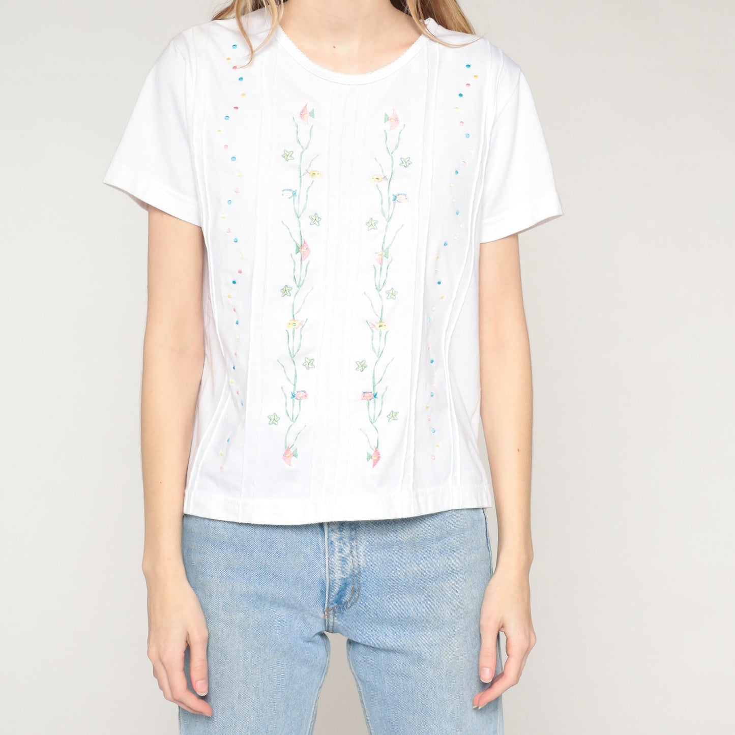 90s Shenanigans White Embroidered Fish Blouse Tropical Starfish Medium