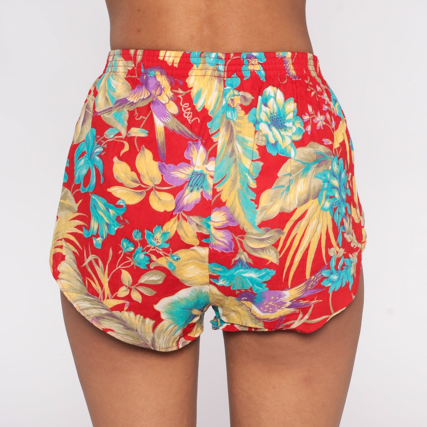80s Red Floral High-Waist Running Shorts Tropical Gym Jogging Extra Small
