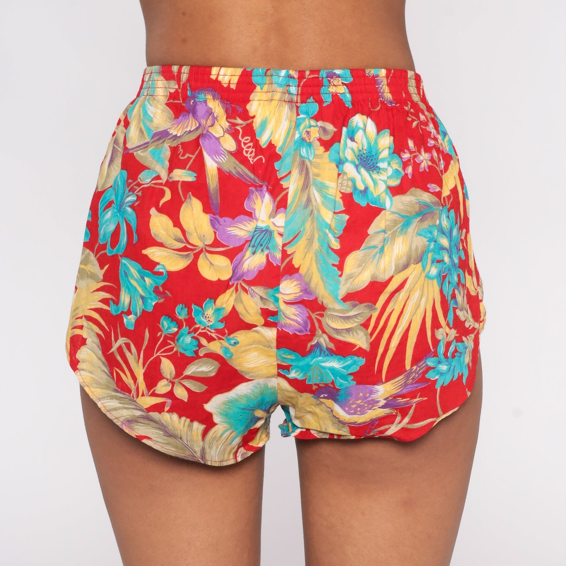 80s Red Floral High-Waist Running Shorts Tropical Gym Jogging Extra Small