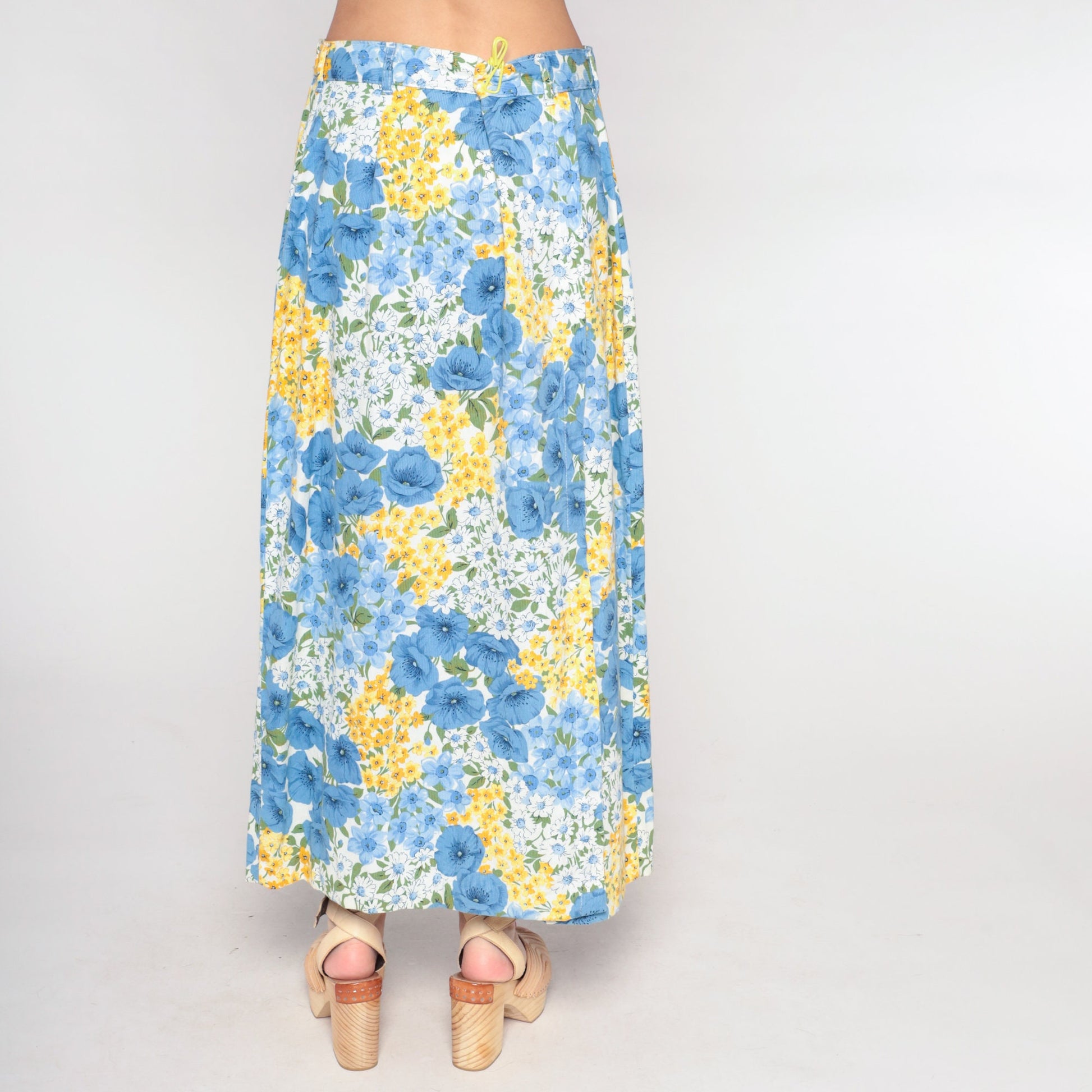 90s Blue Floral Wrap Maxi Skirt Cotton Flower Print Medium Large