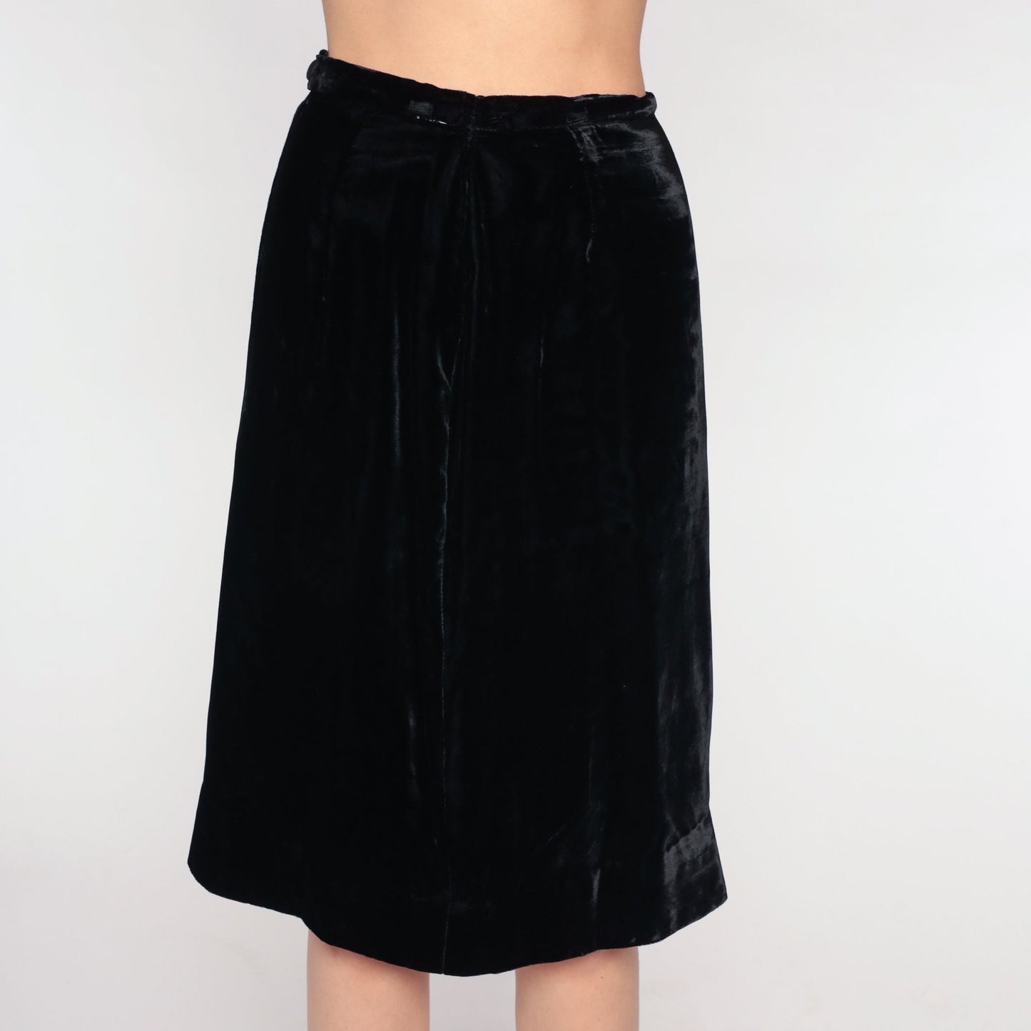 70s Black Velvet Midi Skirt High Waisted Pencil Extra Small XS