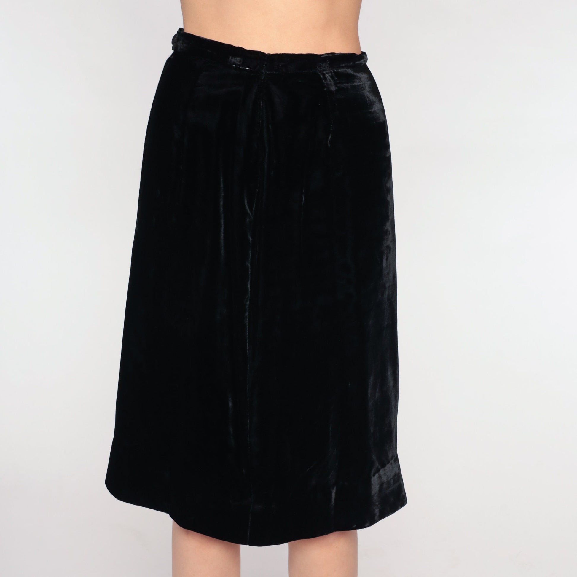 70s Black Velvet Midi Skirt High Waisted Pencil Extra Small XS