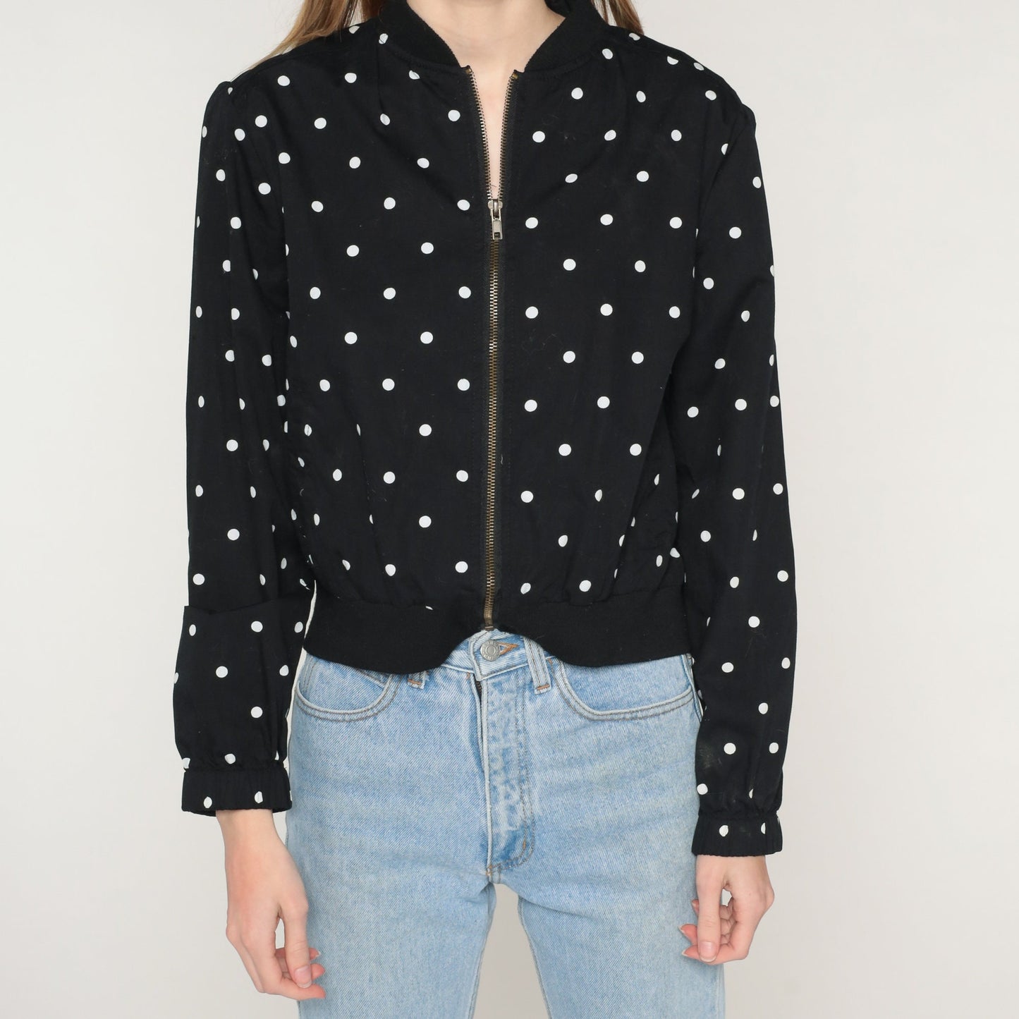 Y2K Black Cotton Zip Jacket White Polka Dot Print Small S