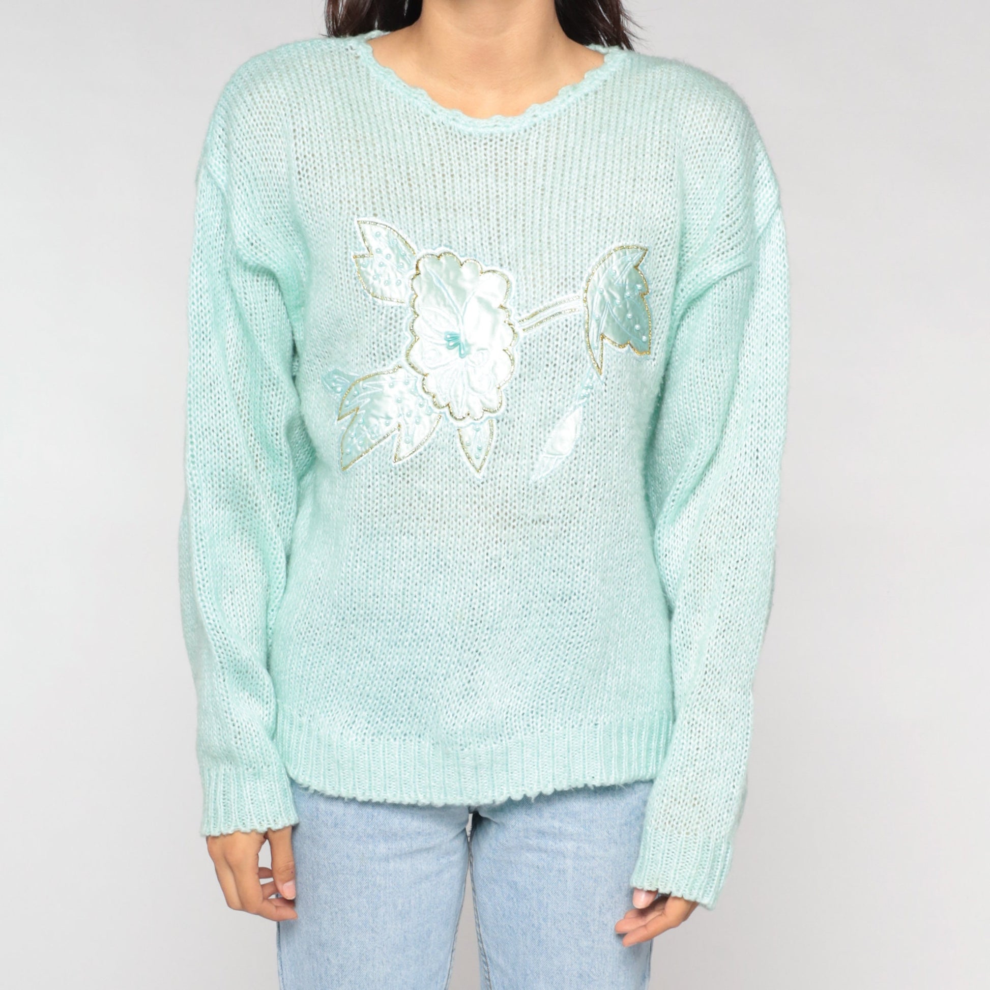 90s Mint Green Floral Appliqué Knit Sweater Pullover Medium M