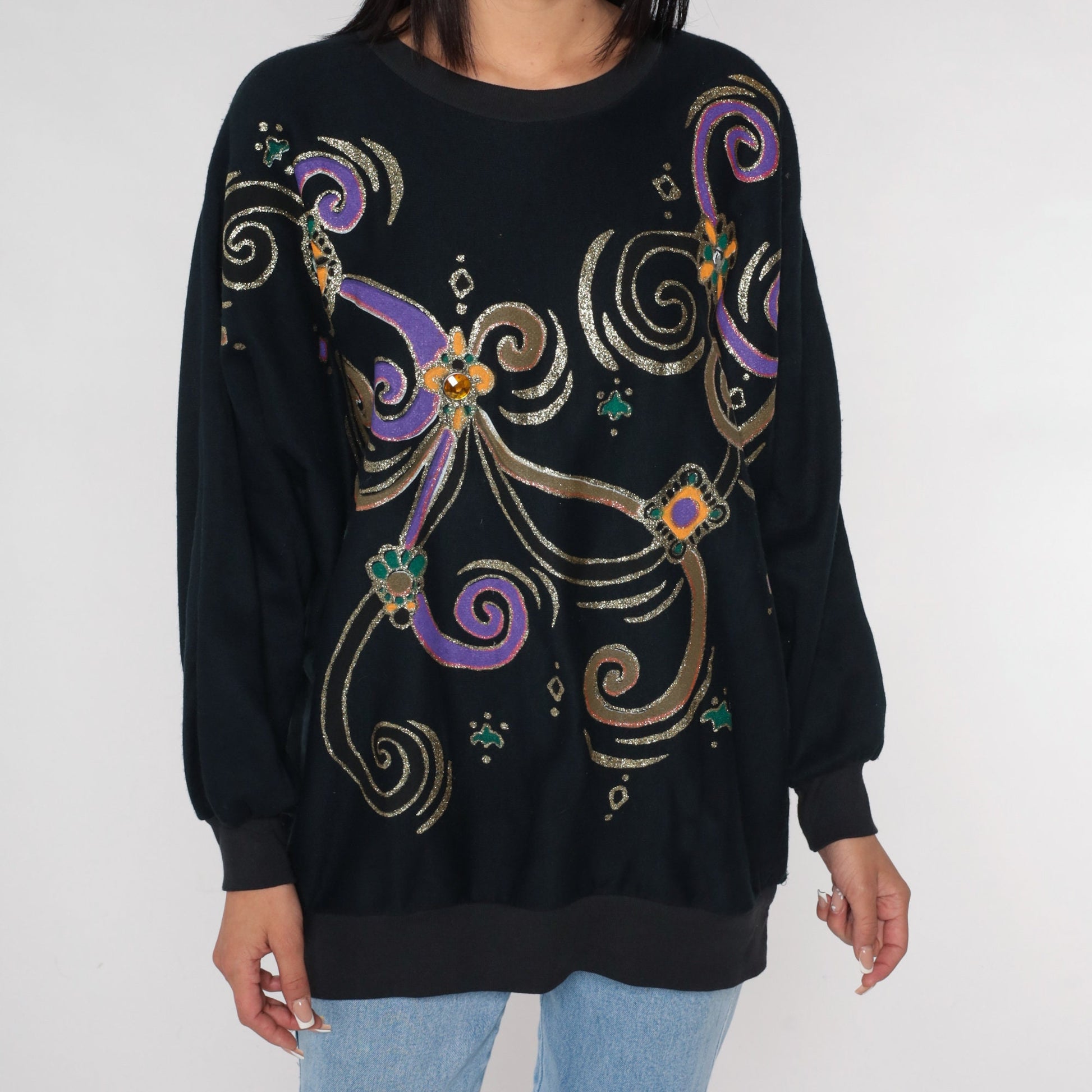90s Black Sweatshirt Glitter Swirl Rhinestone Print Novelty Sweater Extra Large XXL