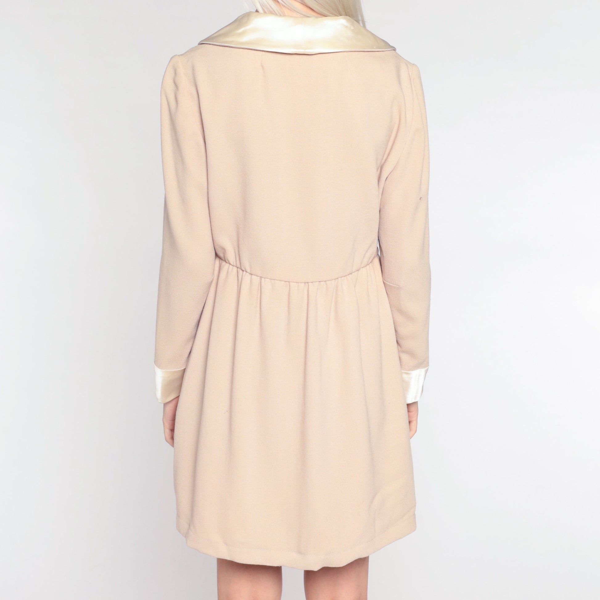 70s I Magnin Mini Dress Beige Button-Up High-Waisted Long Sleeve Small S