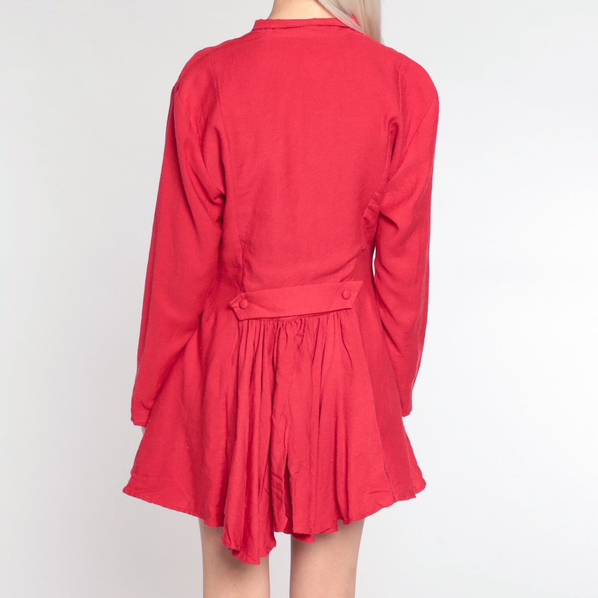 80s Red Rayon Twill Button-Up Mini Dress High-Low Hem Long Sleeve Medium