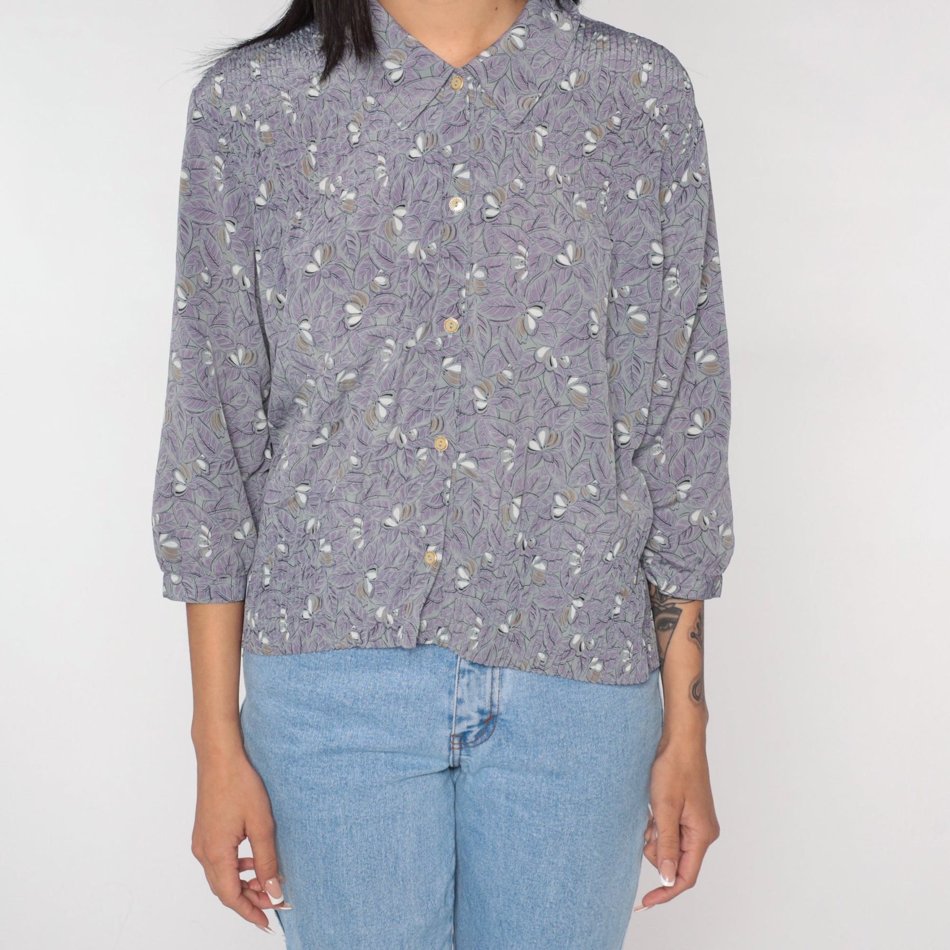 90s Leaf Floral Button-Up Blouse Purple Grey 3/4 Sleeve Pleated Shirt Large L