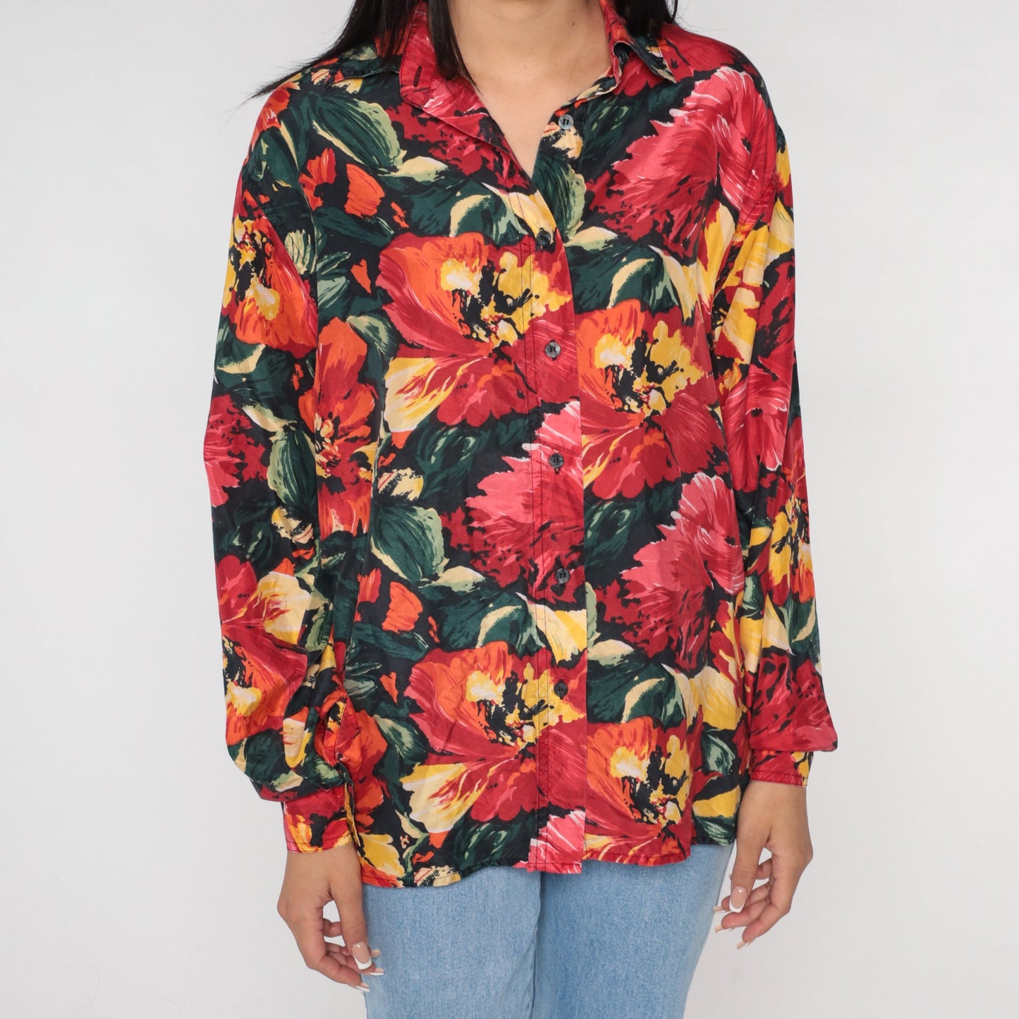 90s Silk Floral Button-Up Blouse Long Sleeve Poppy Print Red Medium M