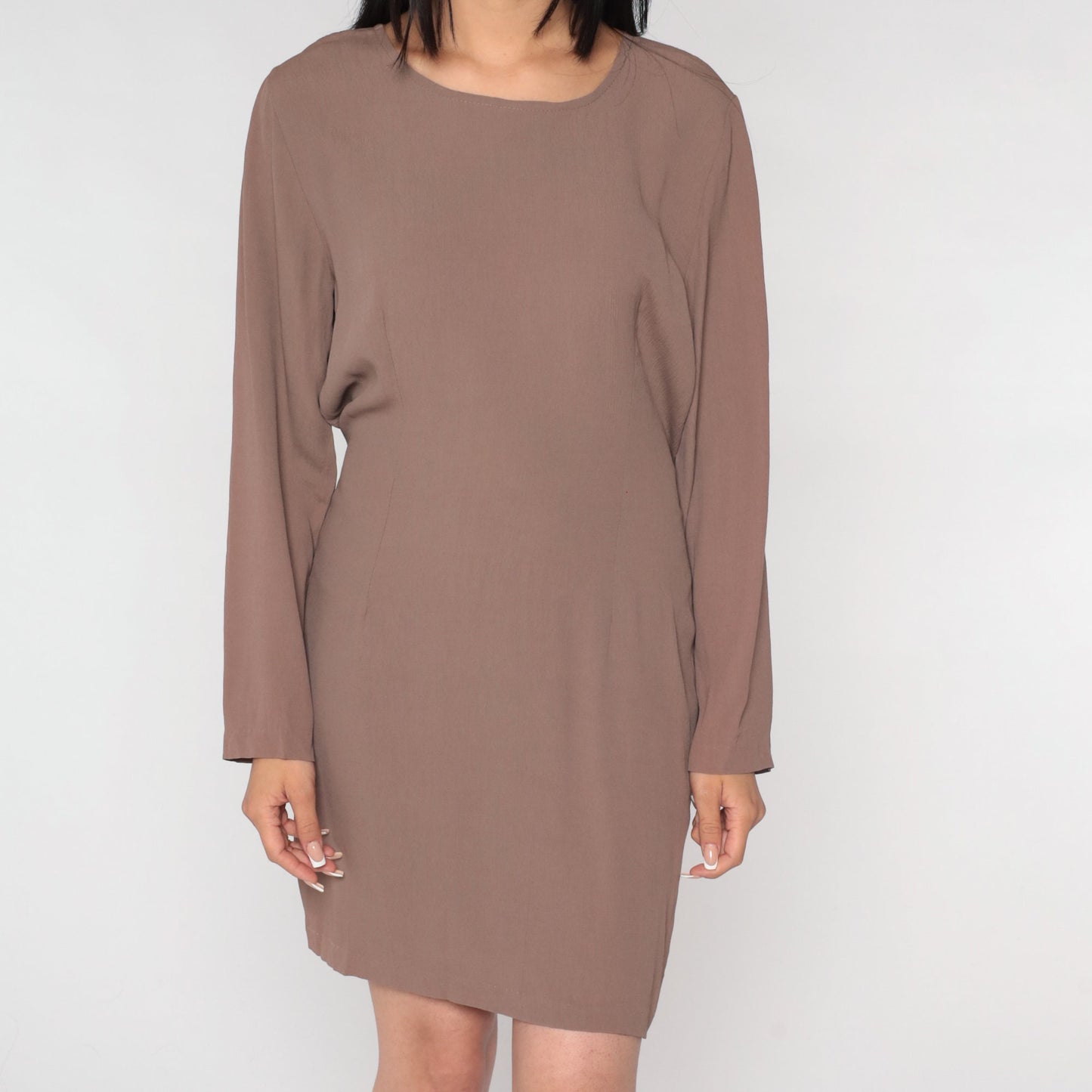 90s Brown Wrap Dress Long Sleeve Mini Shift Dress Medium