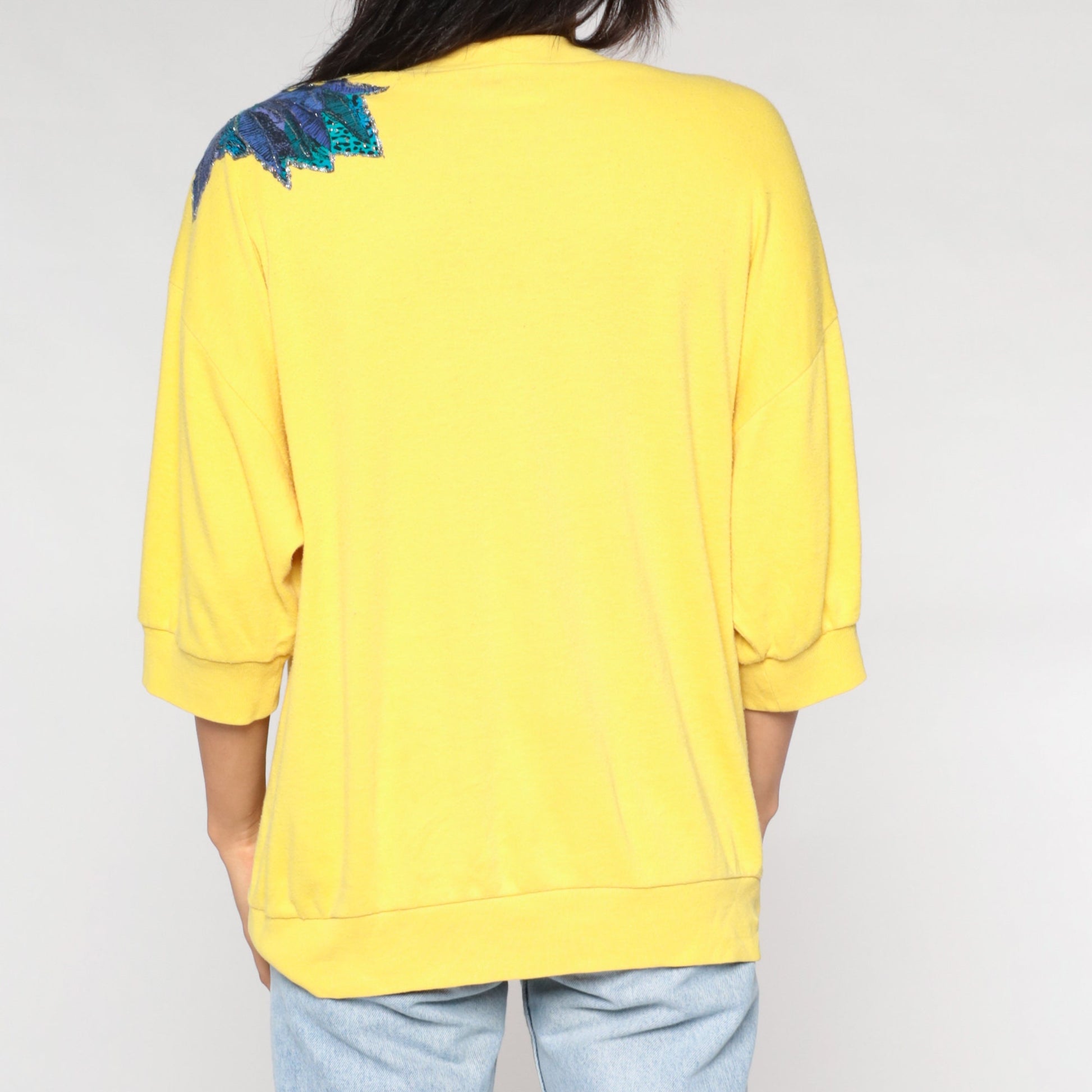 80s Wildlife Sweatshirt Yellow Glitter Tiger Zebra Palm Tree Applique Medium