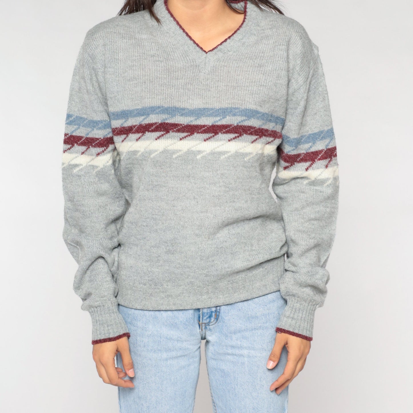 70s Saturdays In California V-Neck Striped Knit Sweater Grey Burgundy Medium