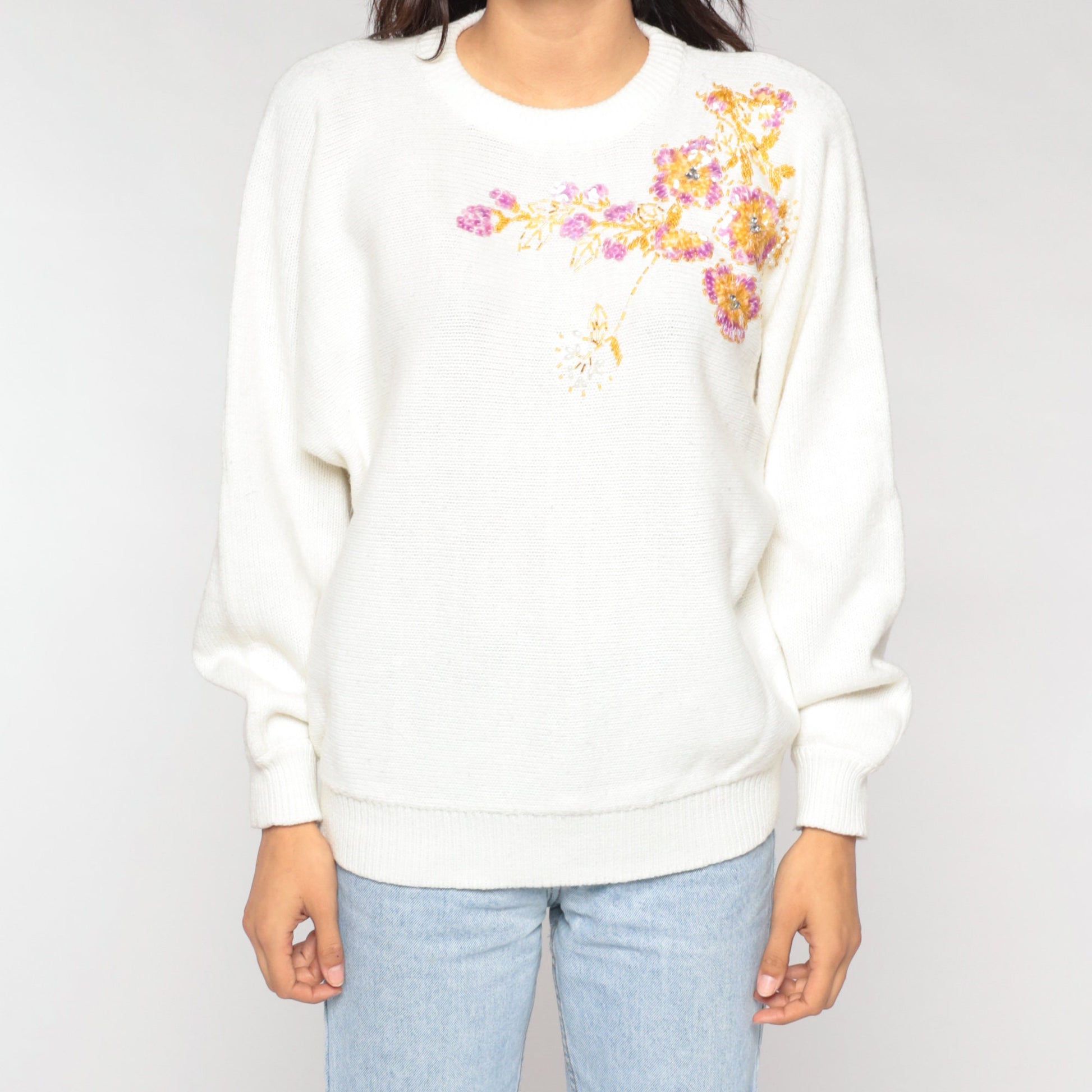 90s White Floral Sequin Beaded Sweater Dolman Sleeve Knit Large