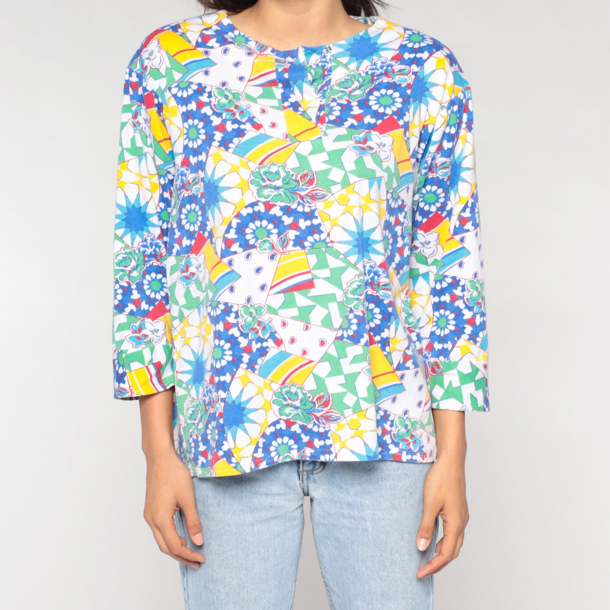 90s Abstract Floral Print Blouse Colorful Psychedelic 3/4 Sleeve White Large L