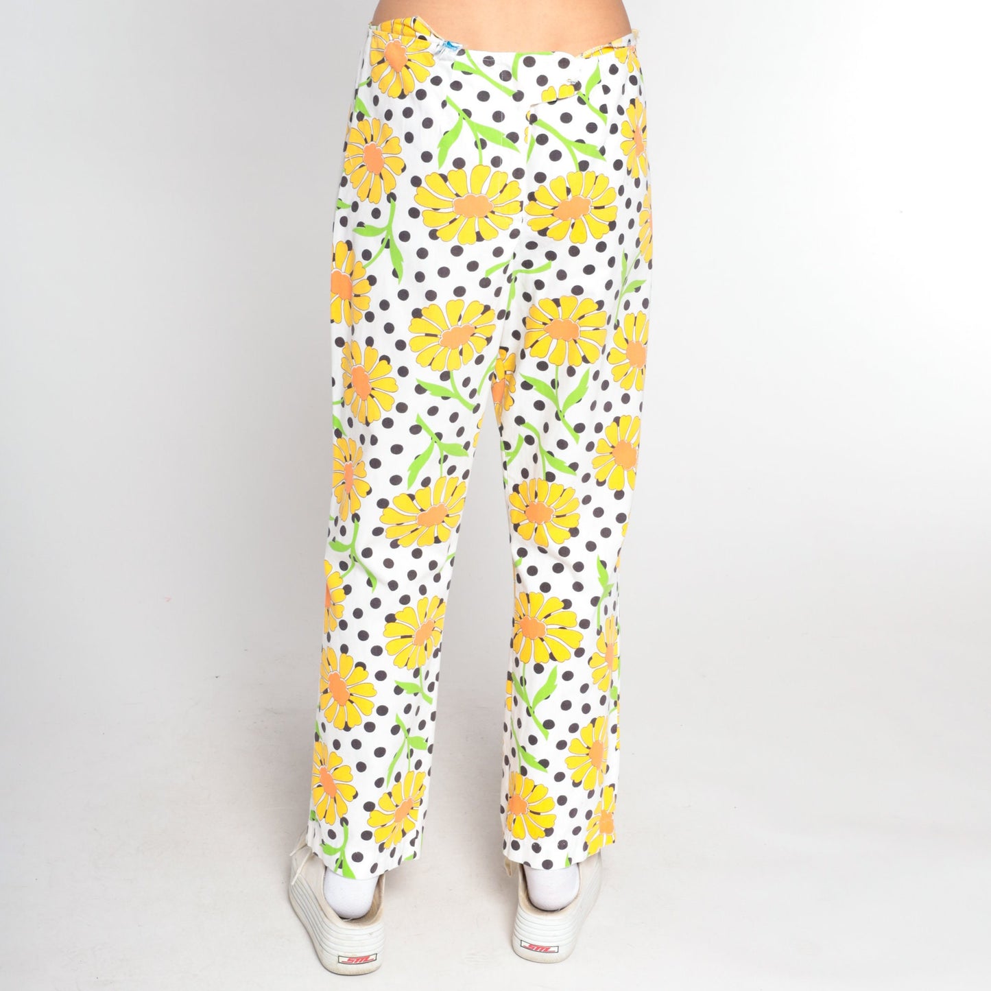70s White Floral Straight Leg Pants High Waisted Cotton Medium