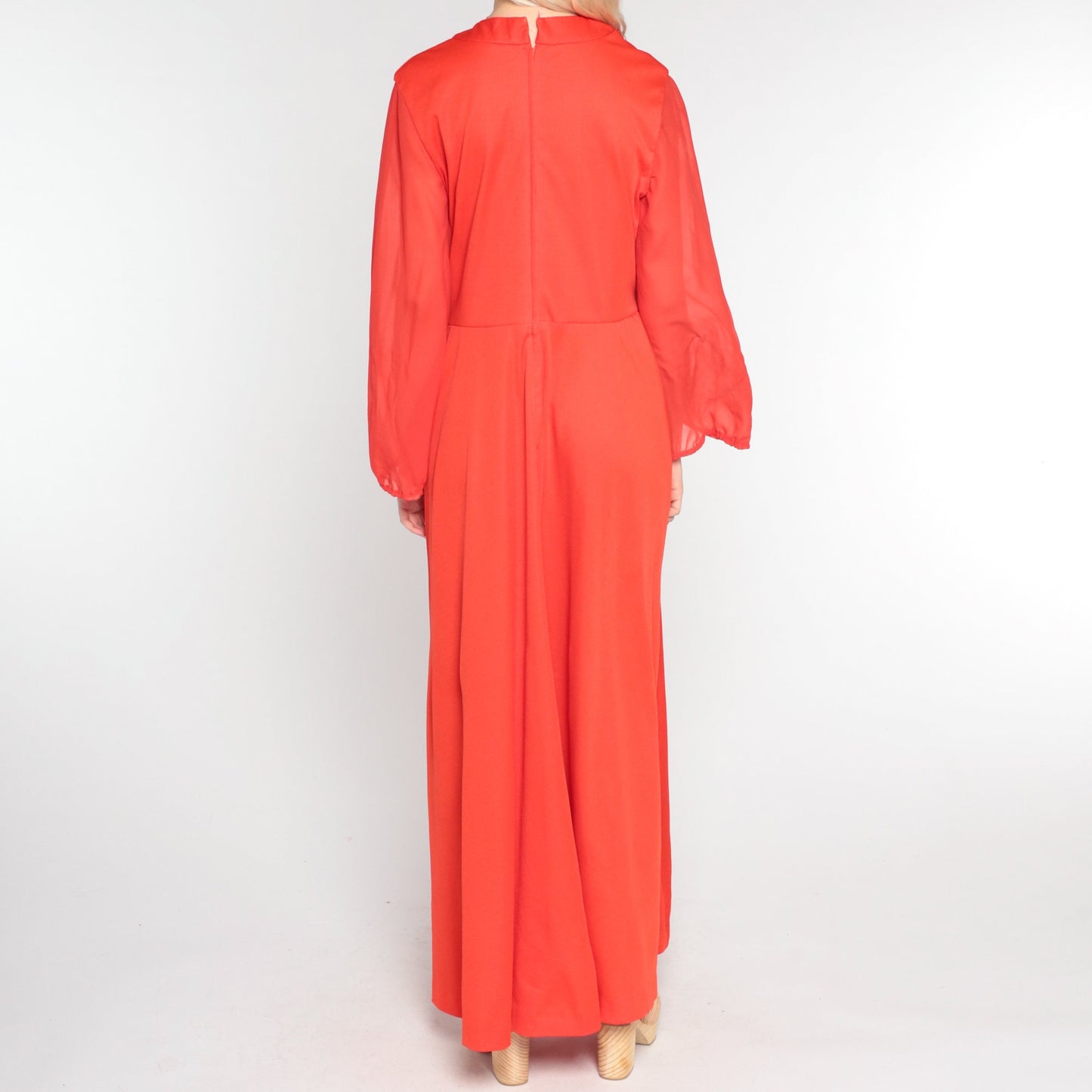 1970s Orange-Red Maxi Dress Rhinestone Sash High Waist Sheer Sleeve Medium