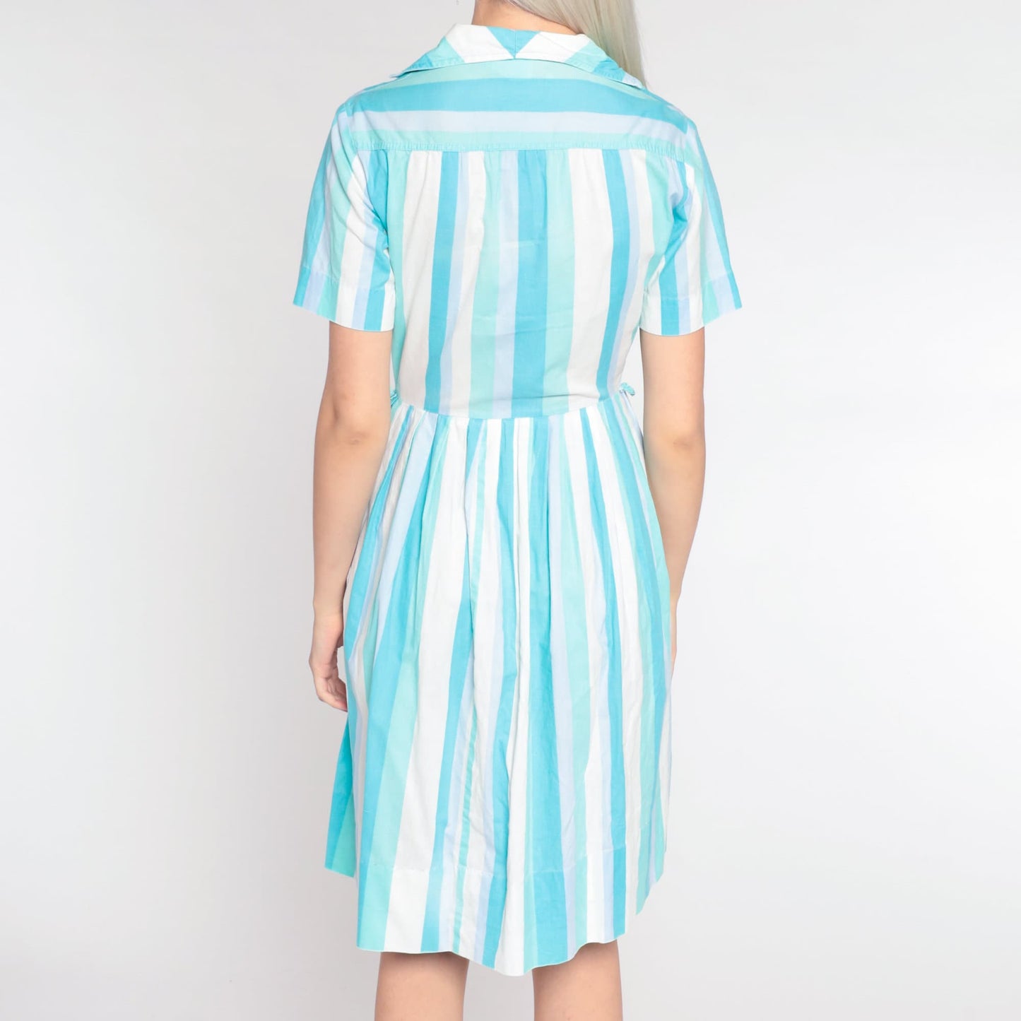 60s Blue White Striped Shirtdress Pleated Midi High Waist Button Up Extra Small