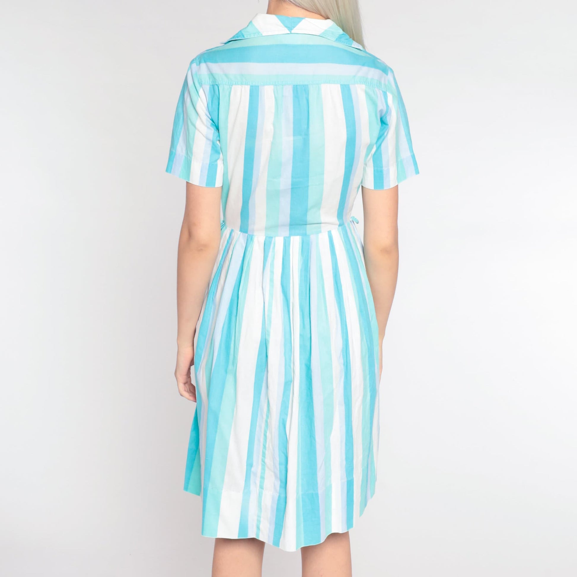 60s Blue White Striped Shirtdress Pleated Midi High Waist Button Up Extra Small