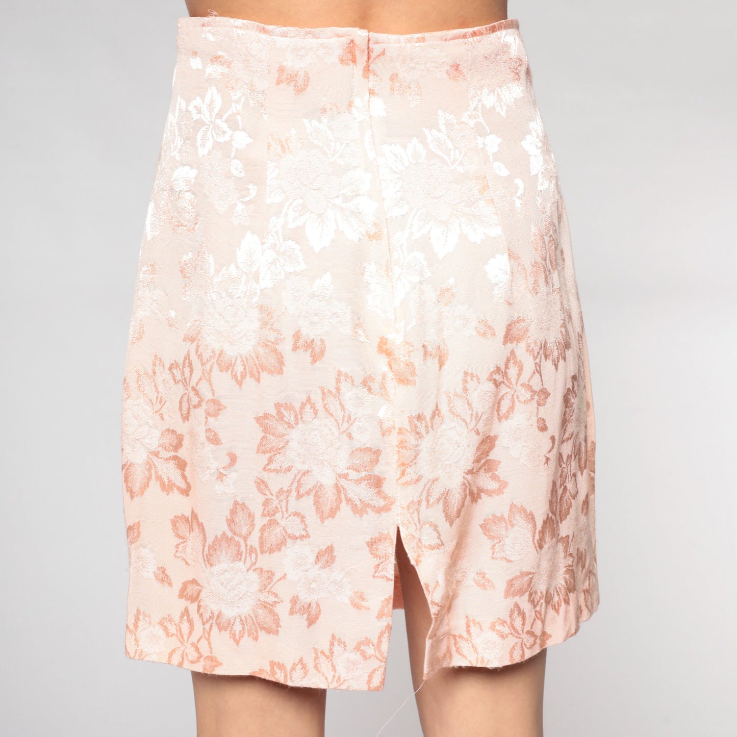90s Light Pink Embossed Floral Pencil Mini Skirt High Waisted Slit Small