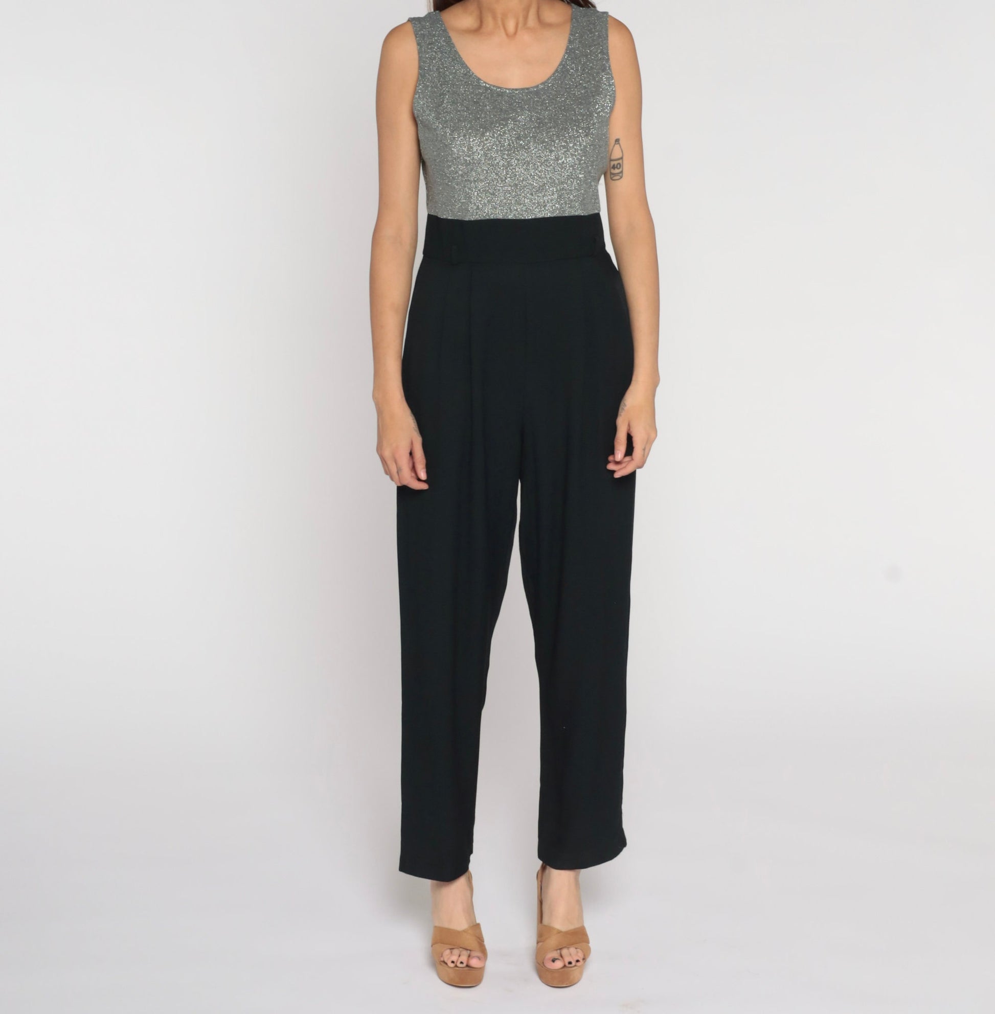 90s Black Wide Leg Jumpsuit Silver Metallic Bodice Sleeveless High Waist Medium