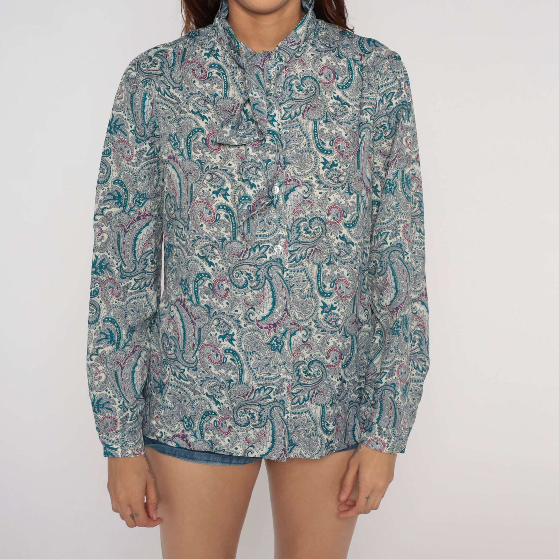 70s Paisley Ascot Blouse Teal Psychedelic Button-Up Puff Sleeve Medium
