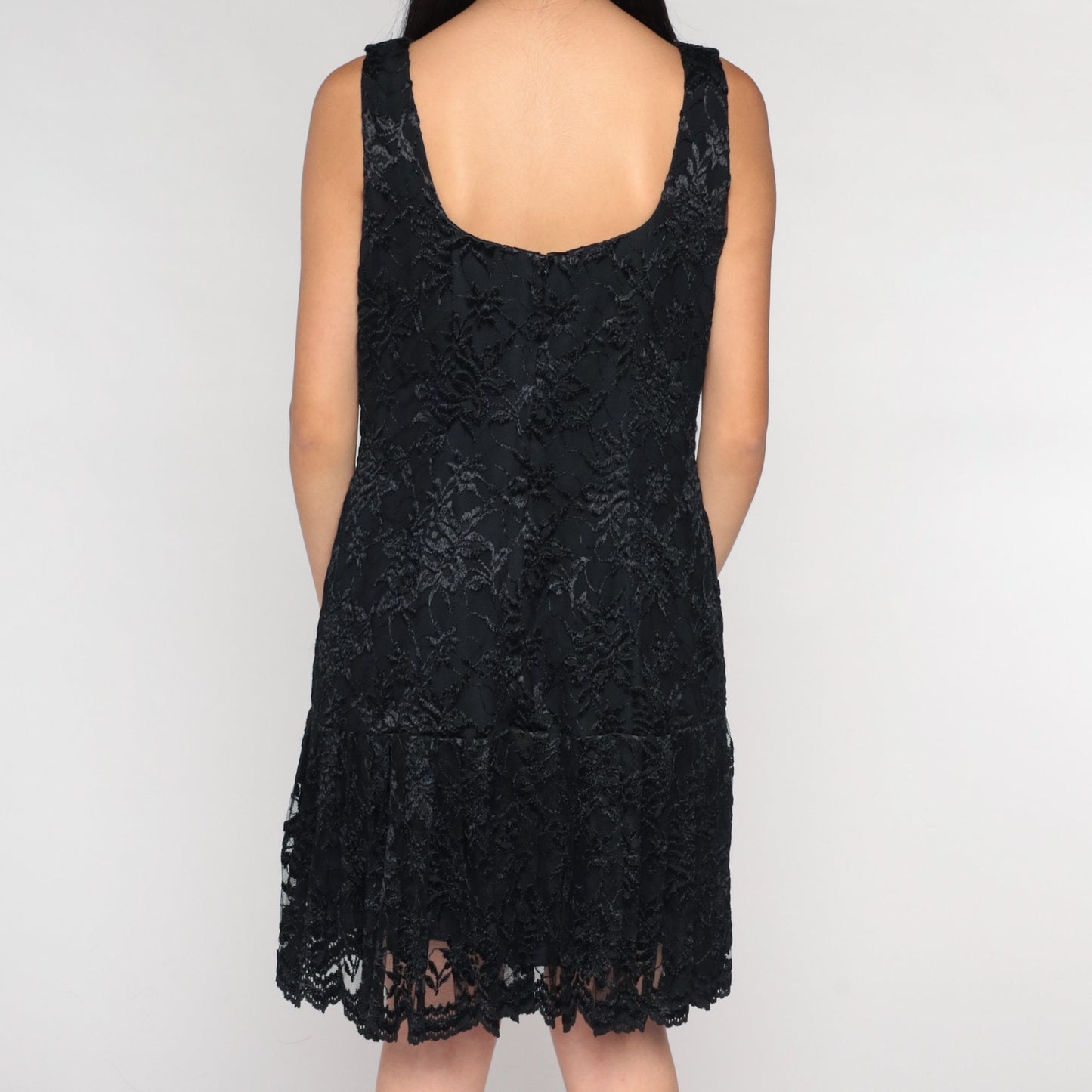 90s Black Lace Mini Dress Drop Waist Square Neck Sleeveless Large 12