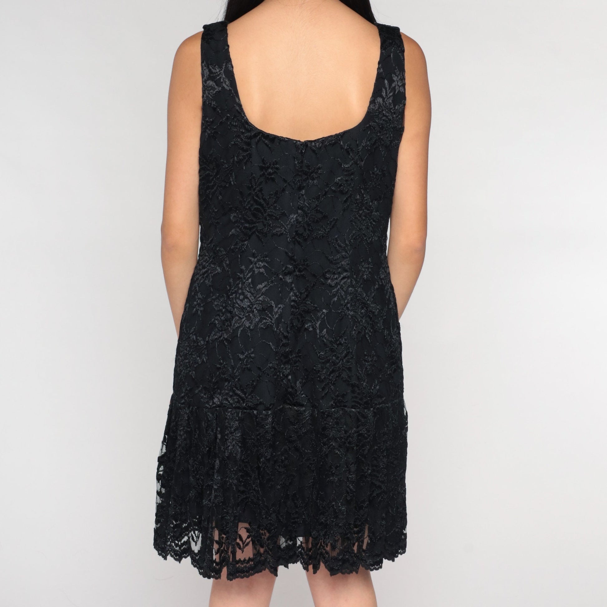 90s Black Lace Mini Dress Drop Waist Square Neck Sleeveless Large 12