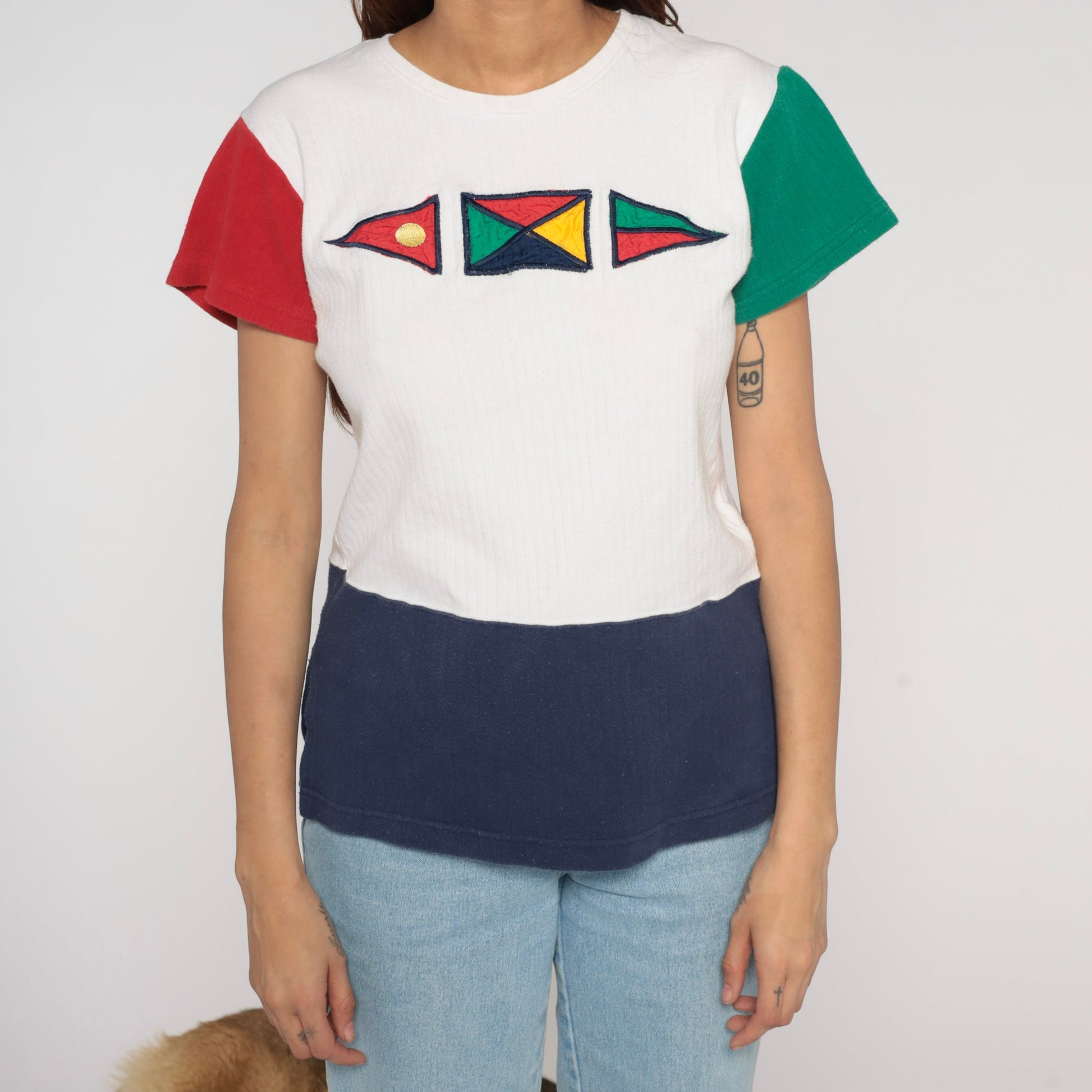 90s Nautical Flag Colour Block T-Shirt White Red Green Blue Sailing Tee Small