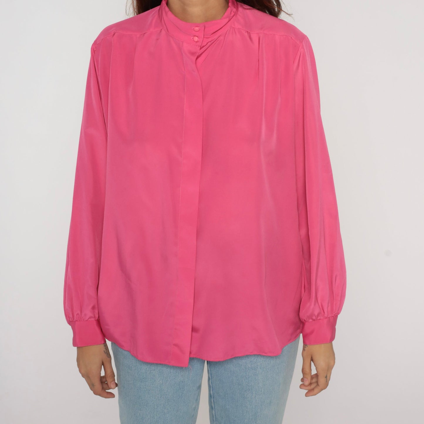 90s Hot Pink Balloon Sleeve Button-Up Blouse Large L