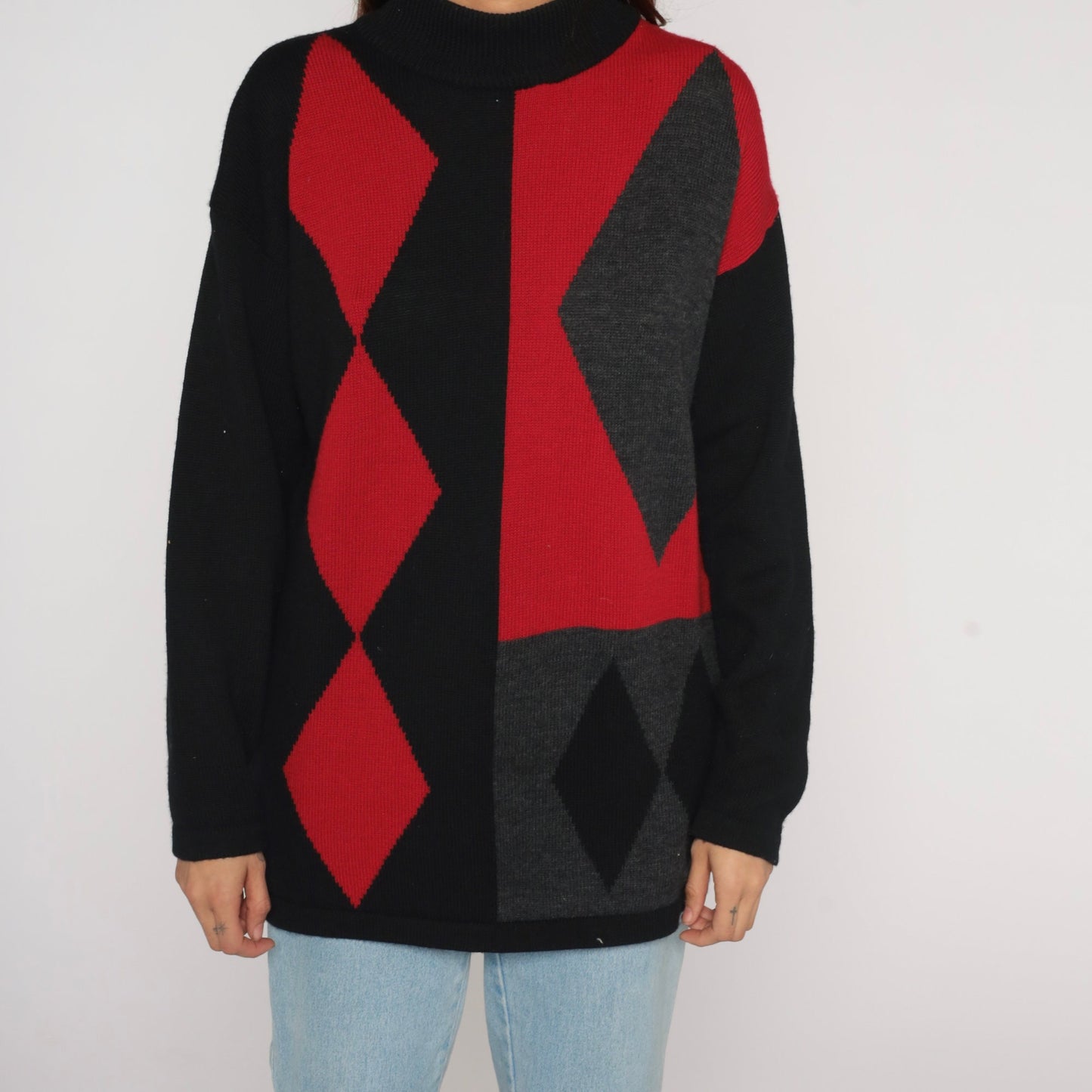 90s Merino Wool Diamond Harlequin Sweater Mock Neck Black Red Charcoal Medium M