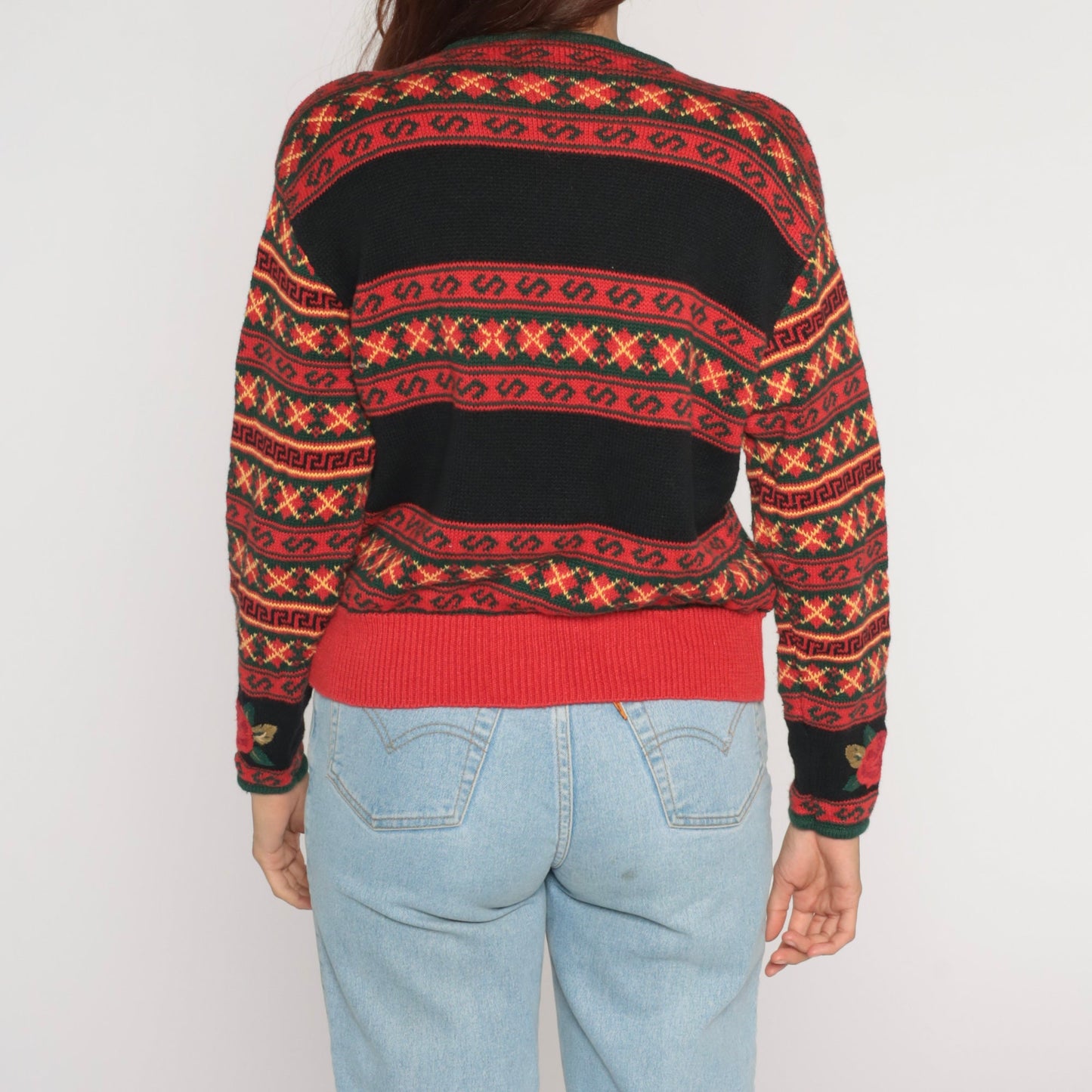 90s Herman Geist Black Red Floral Embroidered Argyle Knit Sweater Large L