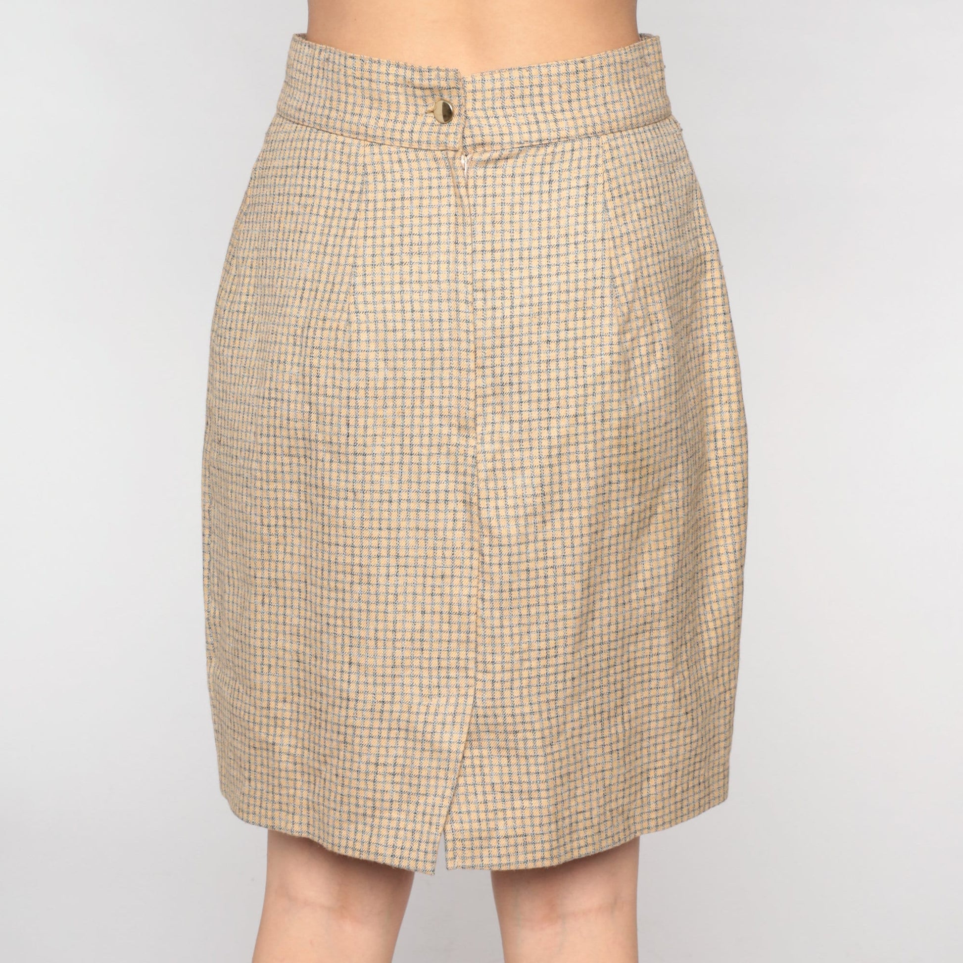 90s Checkered Mini Pencil Skirt Tan Grey High Waisted Small