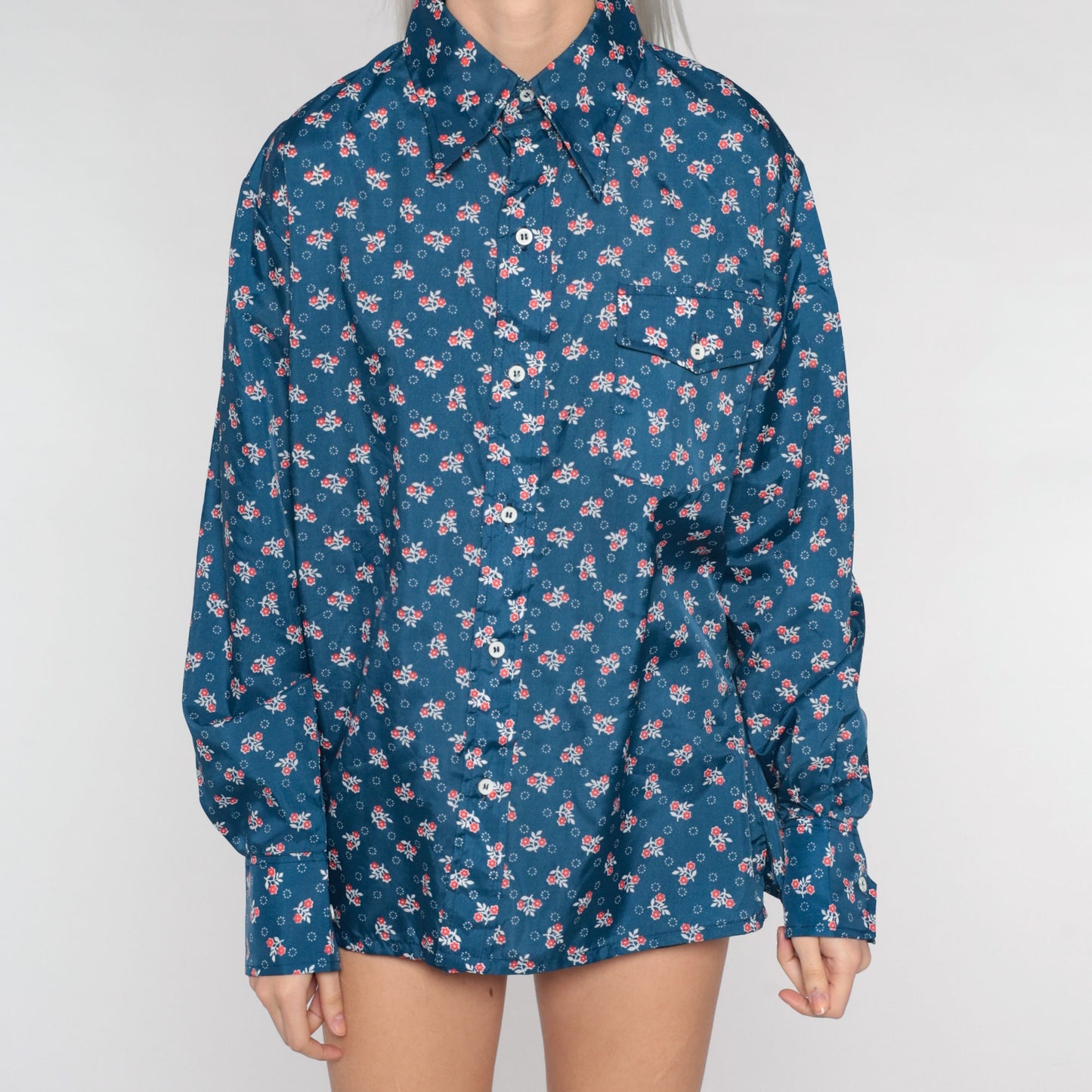 70s Skyr Floral Disco Shirt Blue Dagger Collar Button Up Medium