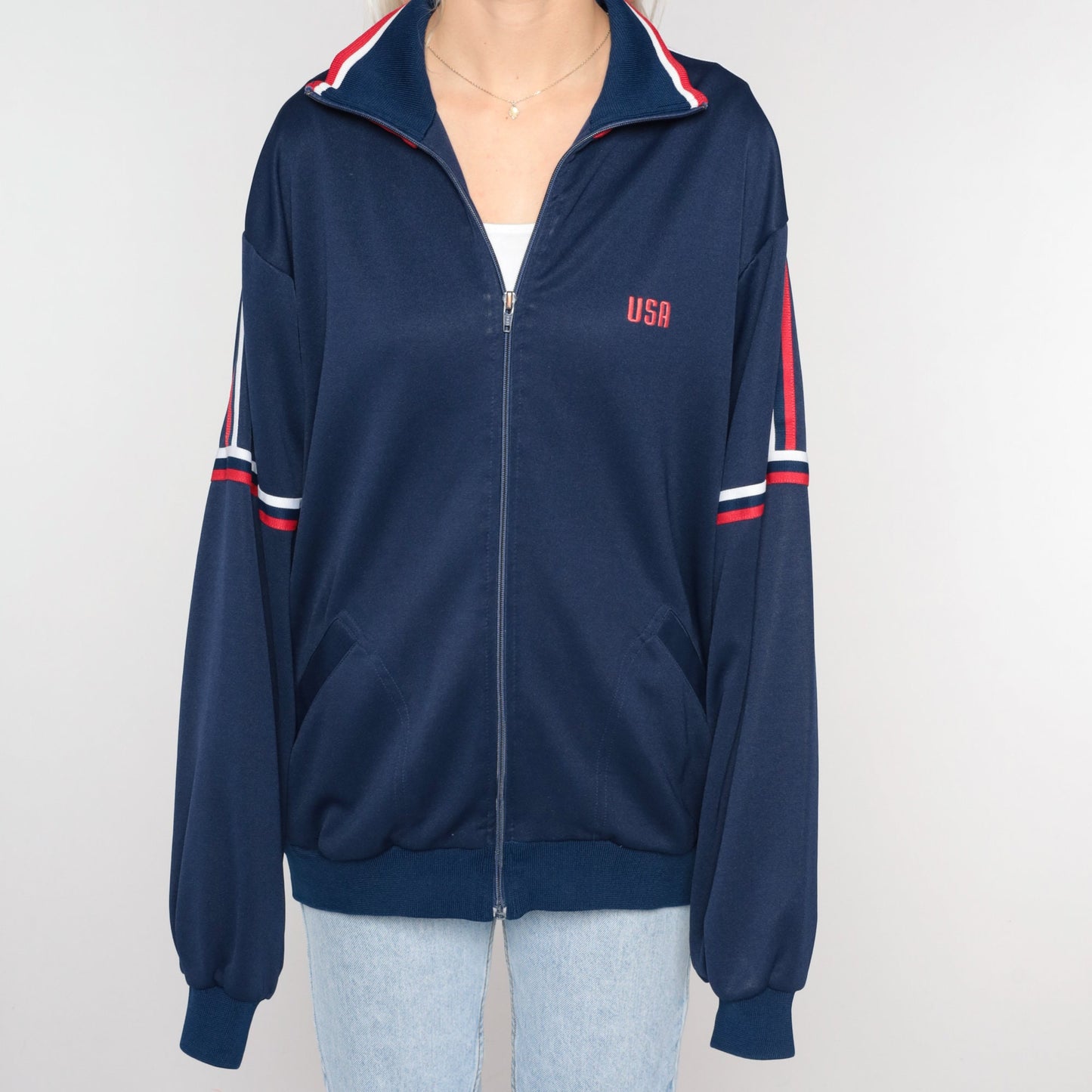 80s MacGregor Track Jacket Navy USA Striped Zip-Up Large