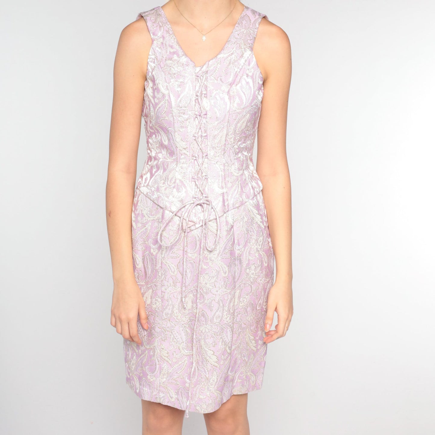 80s Lavender Brocade Floral Mini Dress Lace-Up Sheath Small