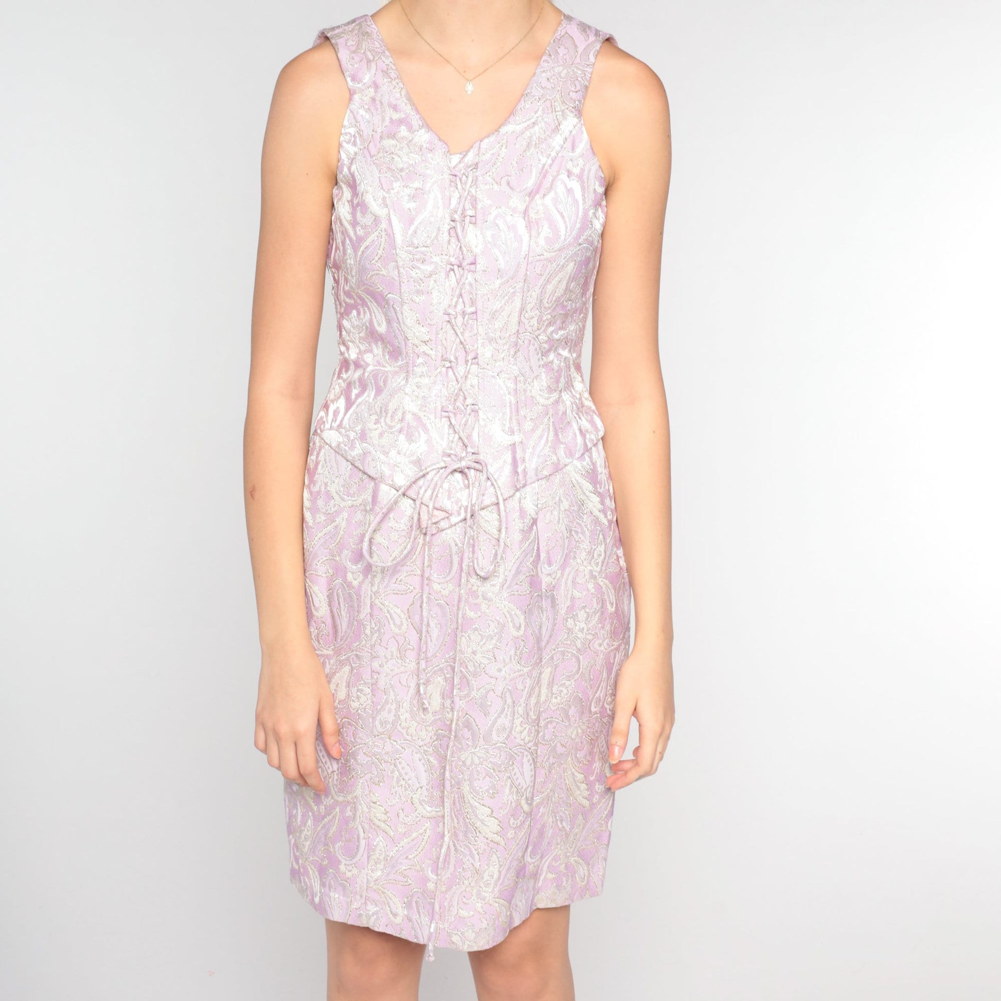 80s Lavender Brocade Floral Mini Dress Lace-Up Sheath Small