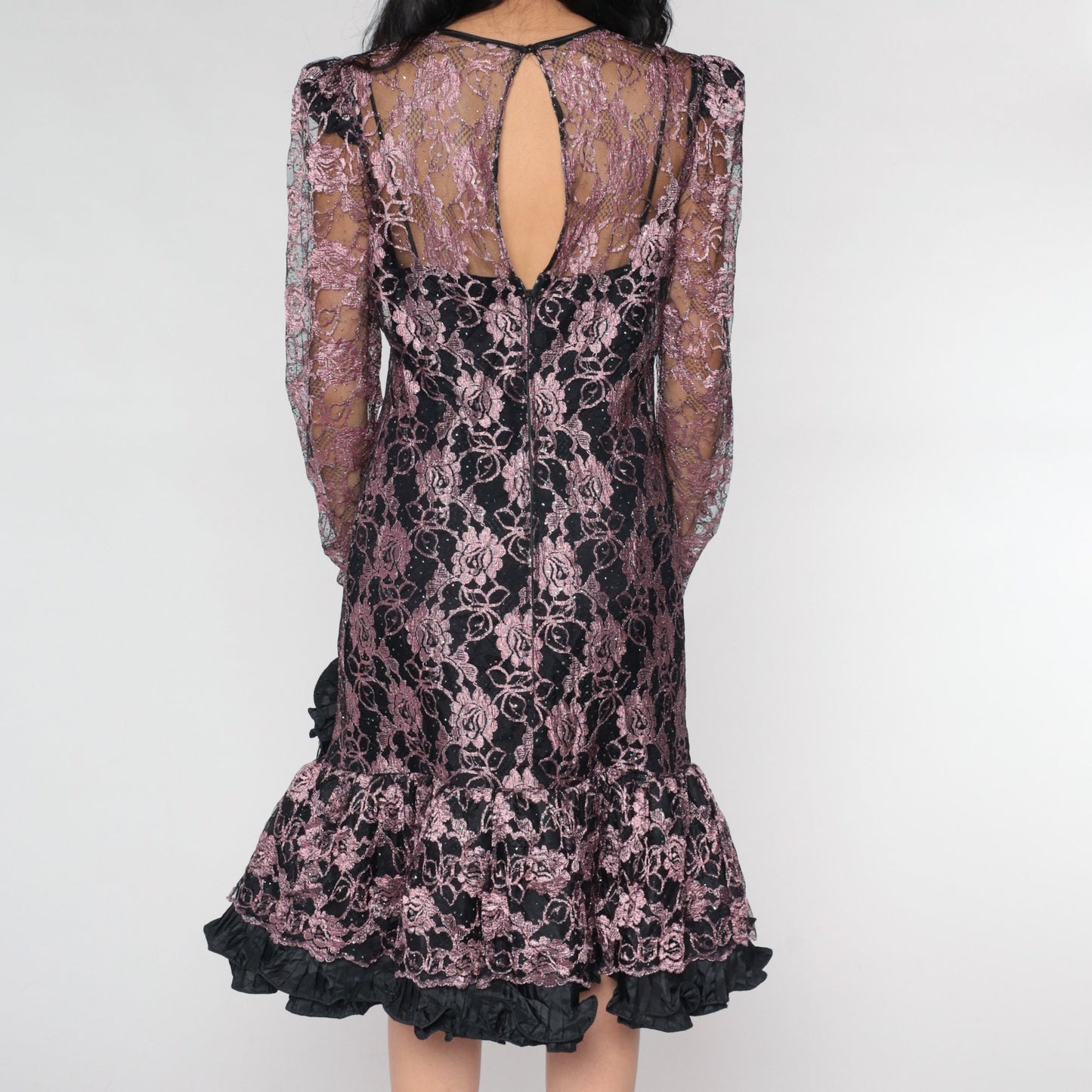 80s Cache Pink Lace Midi Dress Rhinestone Puff Sleeve Illusion Neckline Small
