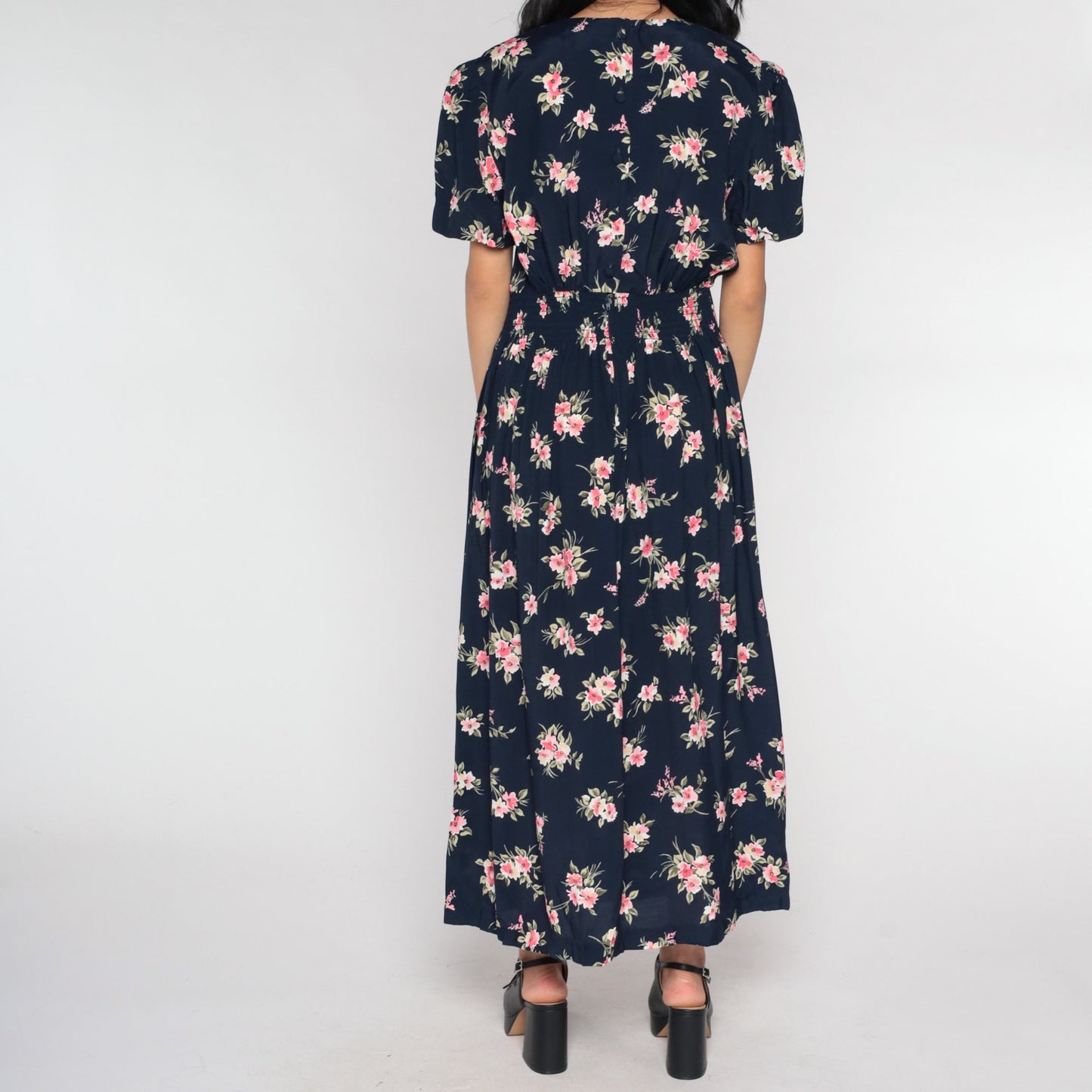 90s Navy Floral Maxi Dress Empire Waist Button Back Short Sleeve Small