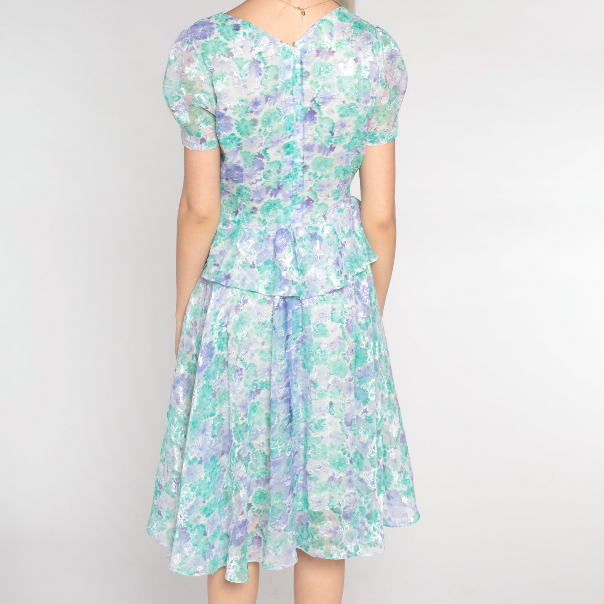 80s Floral Peplum Dress Puff Sleeve Knee-Length White Purple Green Small