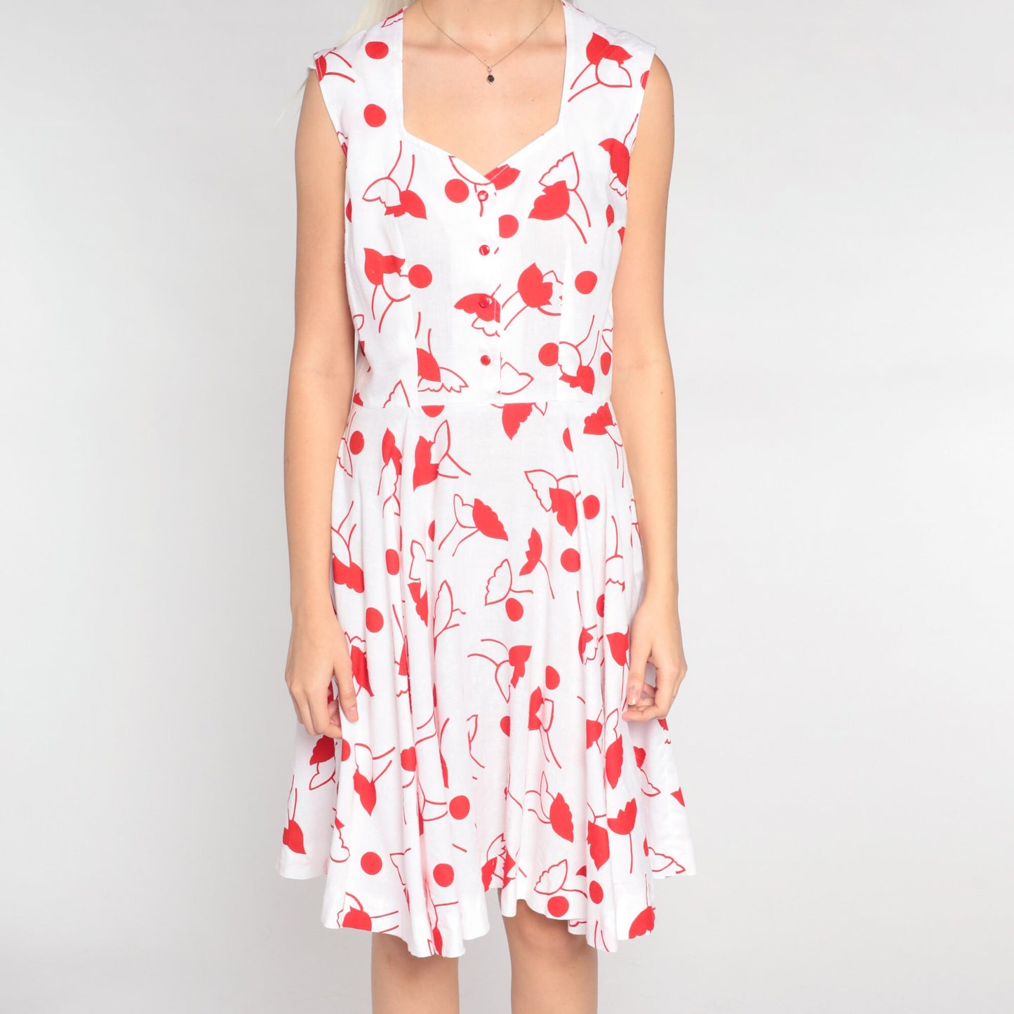 80s White Red Floral Mini Dress Queen Anne Neckline Sleeveless Small