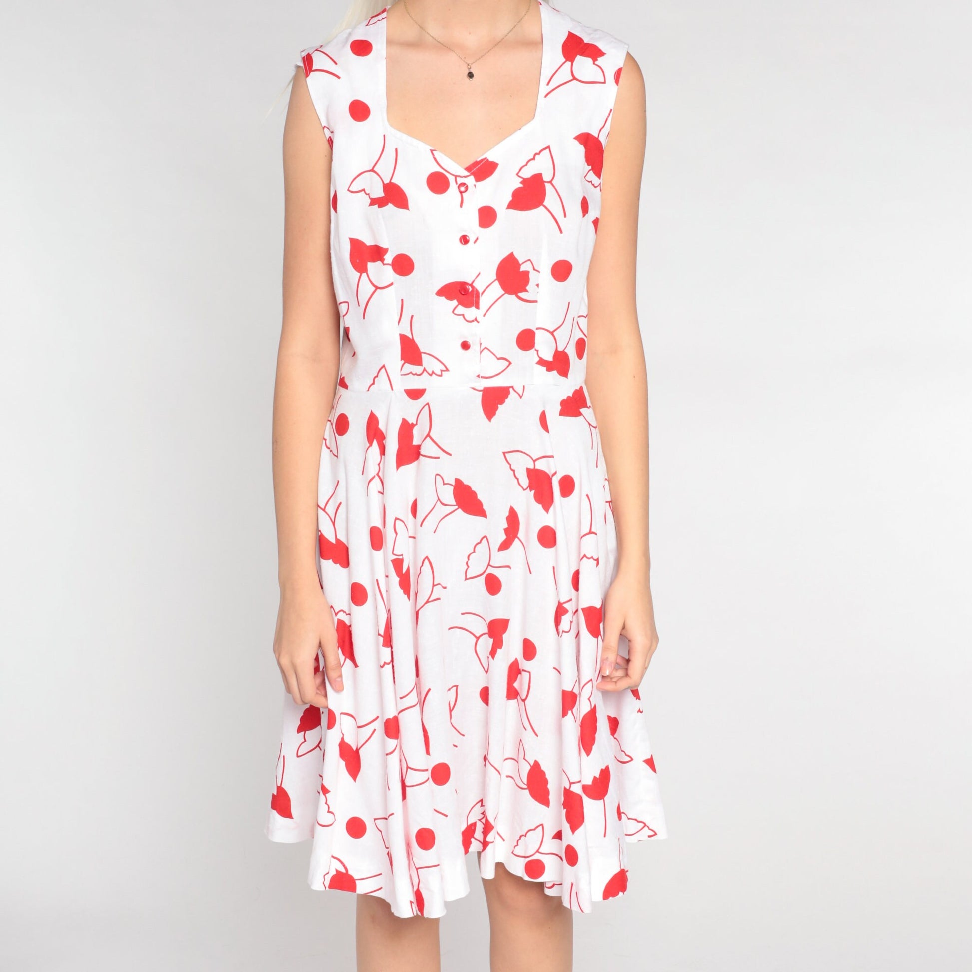 80s White Red Floral Mini Dress Queen Anne Neckline Sleeveless Small