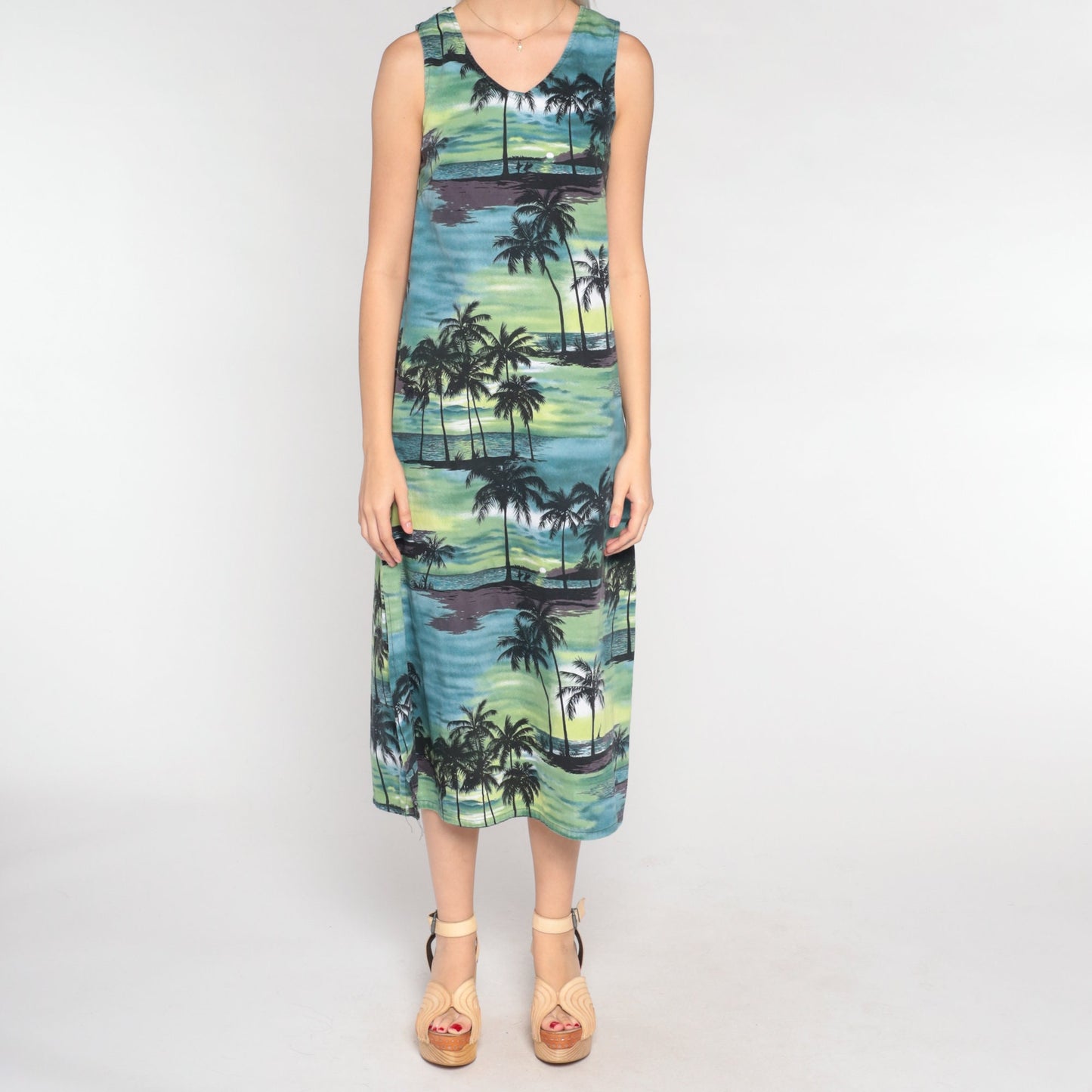 90s Tropical Palm Tree Midi Dress Blue Green Sleeveless Cotton Extra Small